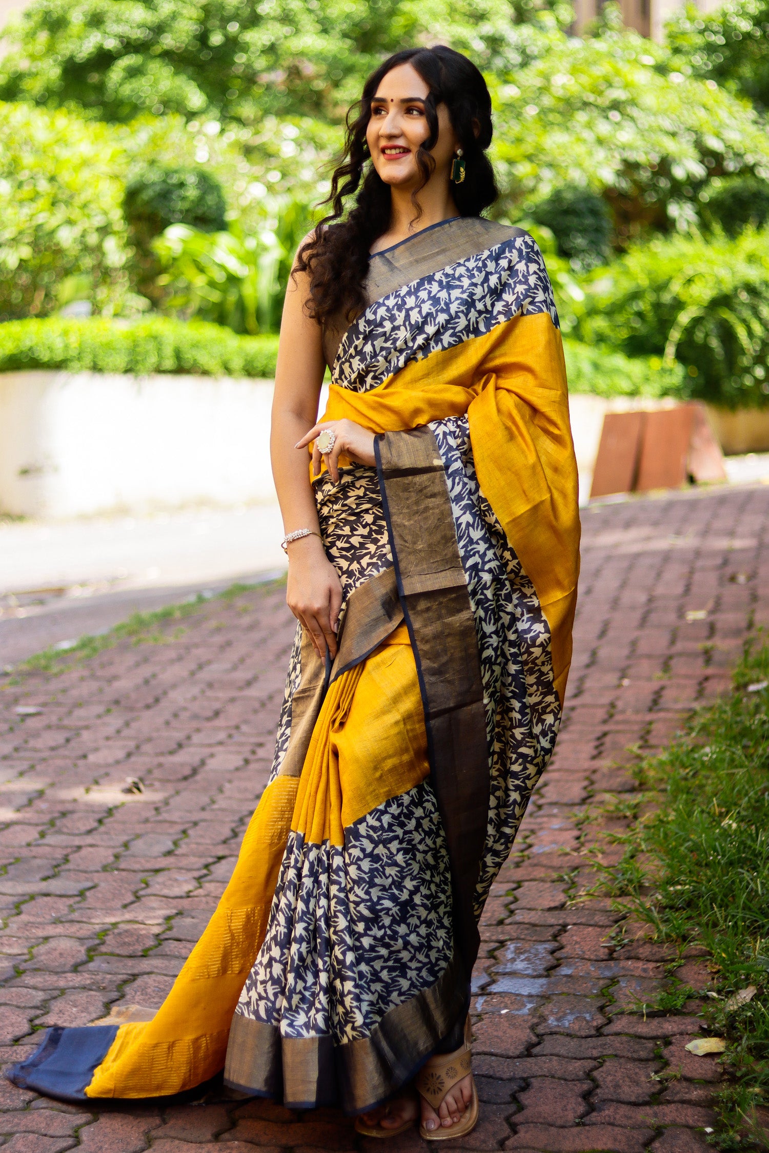 Sacred Mustard Hand Batik Pure Tassar Silk Saree Prasam Crafts