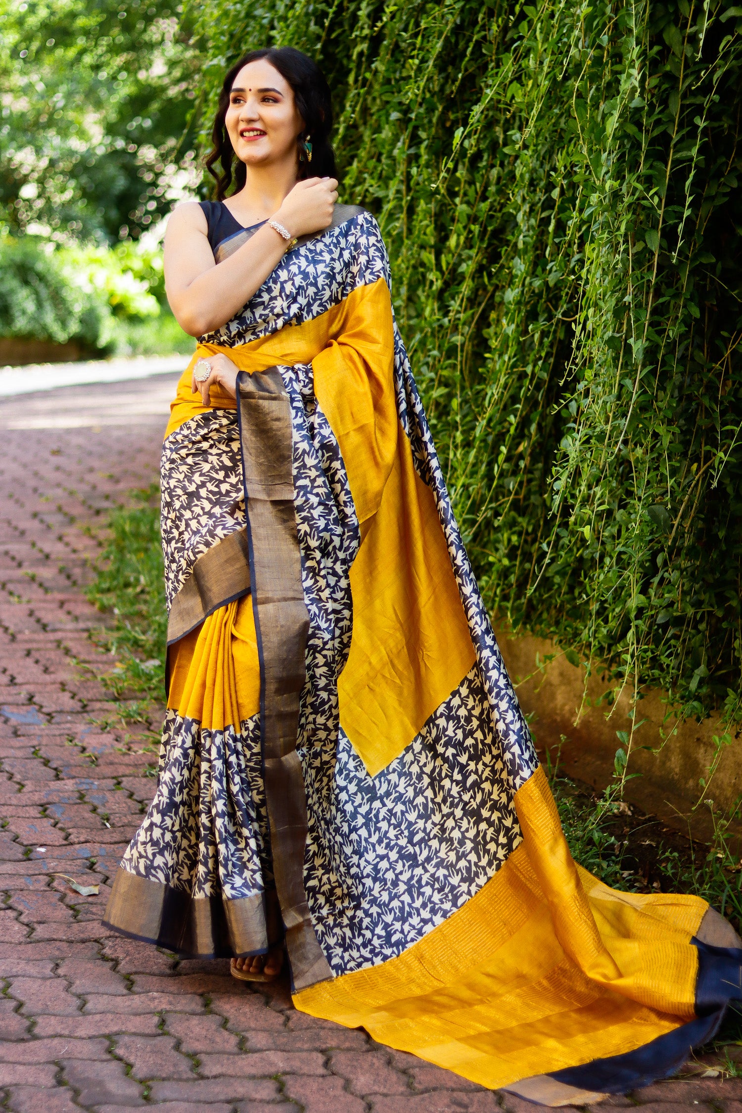 Sacred Mustard Hand Batik Pure Tassar Silk Saree Prasam Crafts