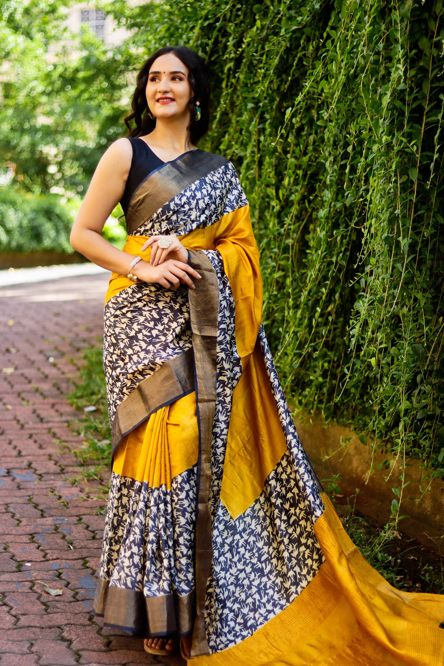 Sacred Mustard Hand Batik Pure Tassar Silk Saree Prasam Crafts