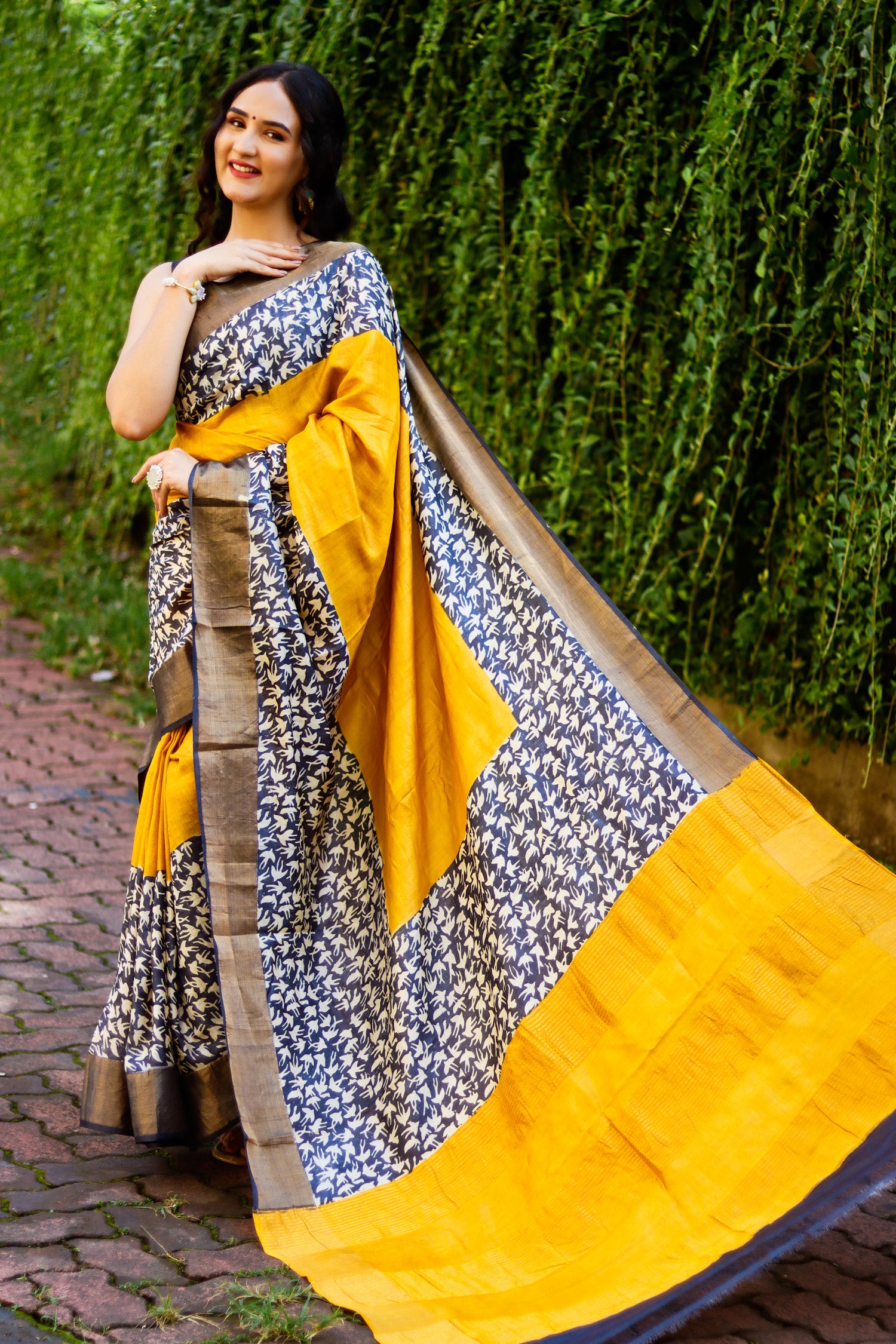 Sacred Mustard Hand Batik Pure Tassar Silk Saree Prasam Crafts