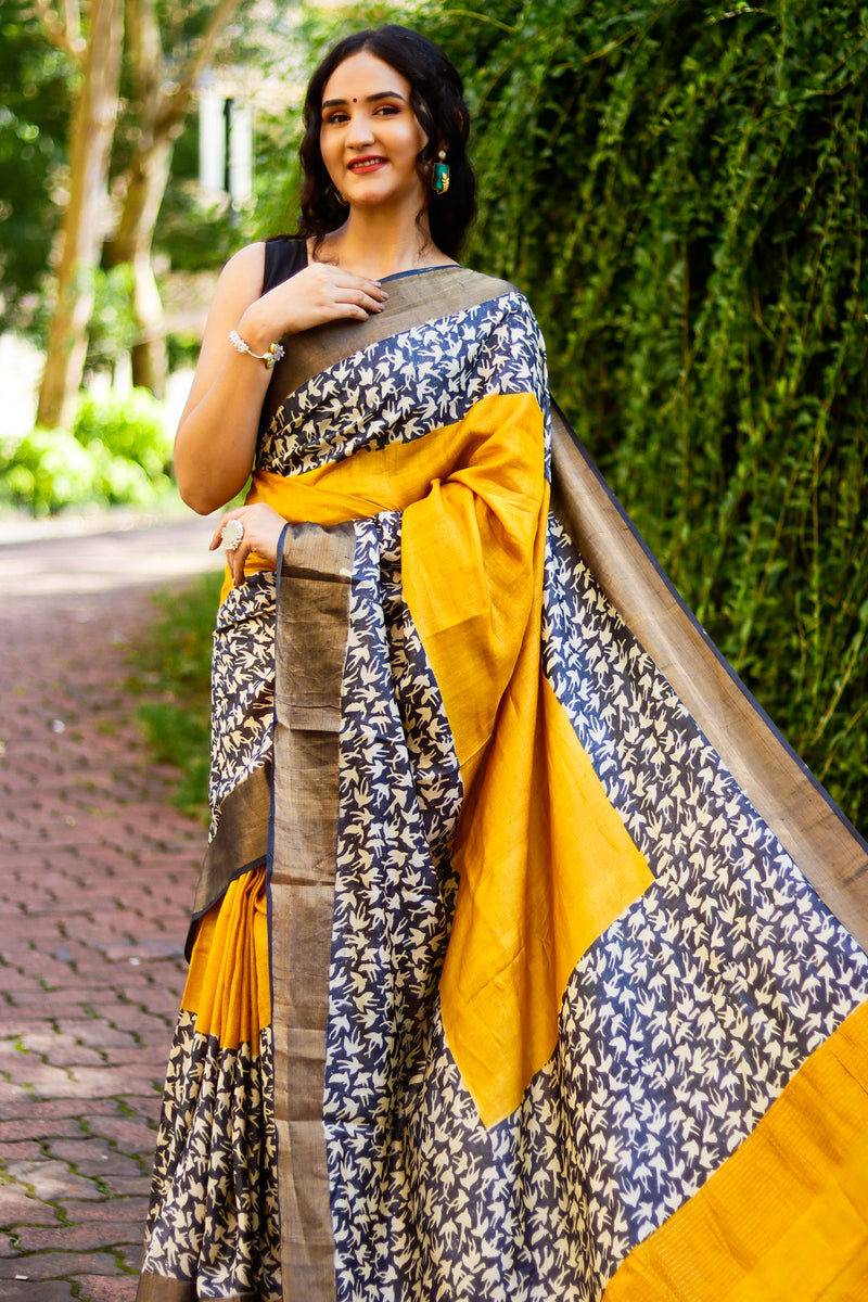 Sacred Mustard Hand Batik Pure Tassar Silk Saree Prasam Crafts