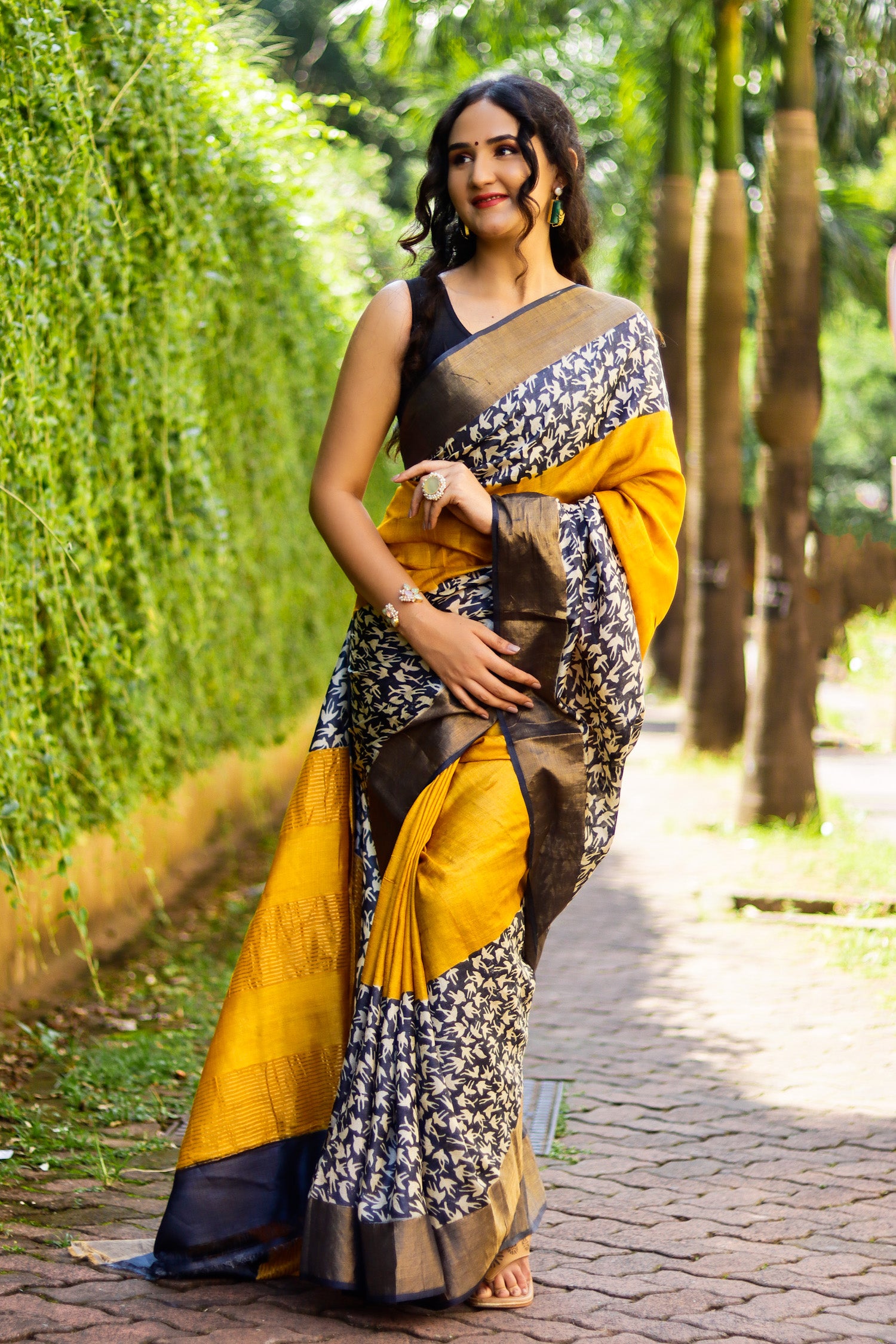 Sacred Mustard Hand Batik Pure Tassar Silk Saree Prasam Crafts