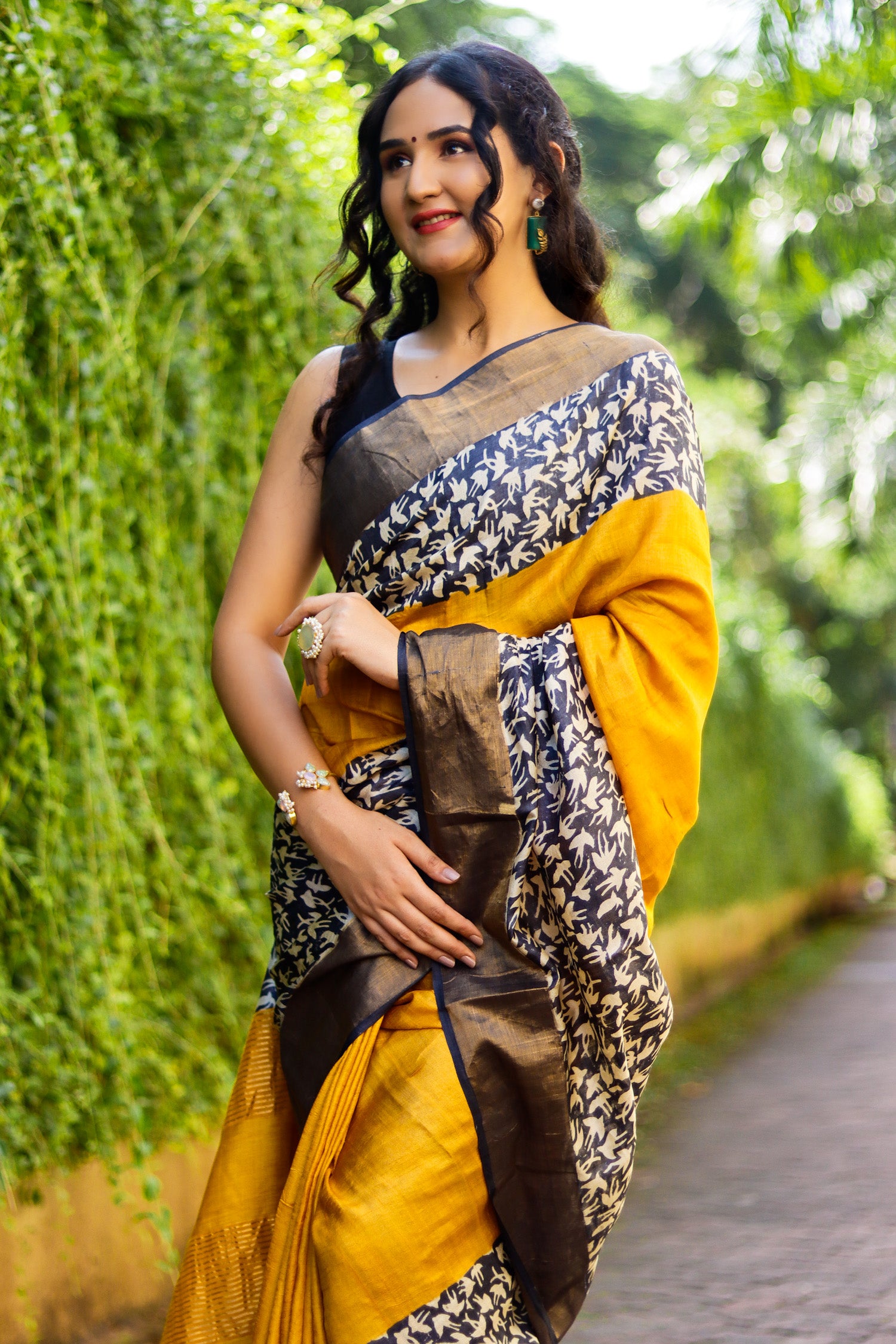 Sacred Mustard Hand Batik Pure Tassar Silk Saree Prasam Crafts