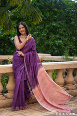 Purple Iris Handwoven Pure Tassar Gichha Silk Saree Prasam Crafts