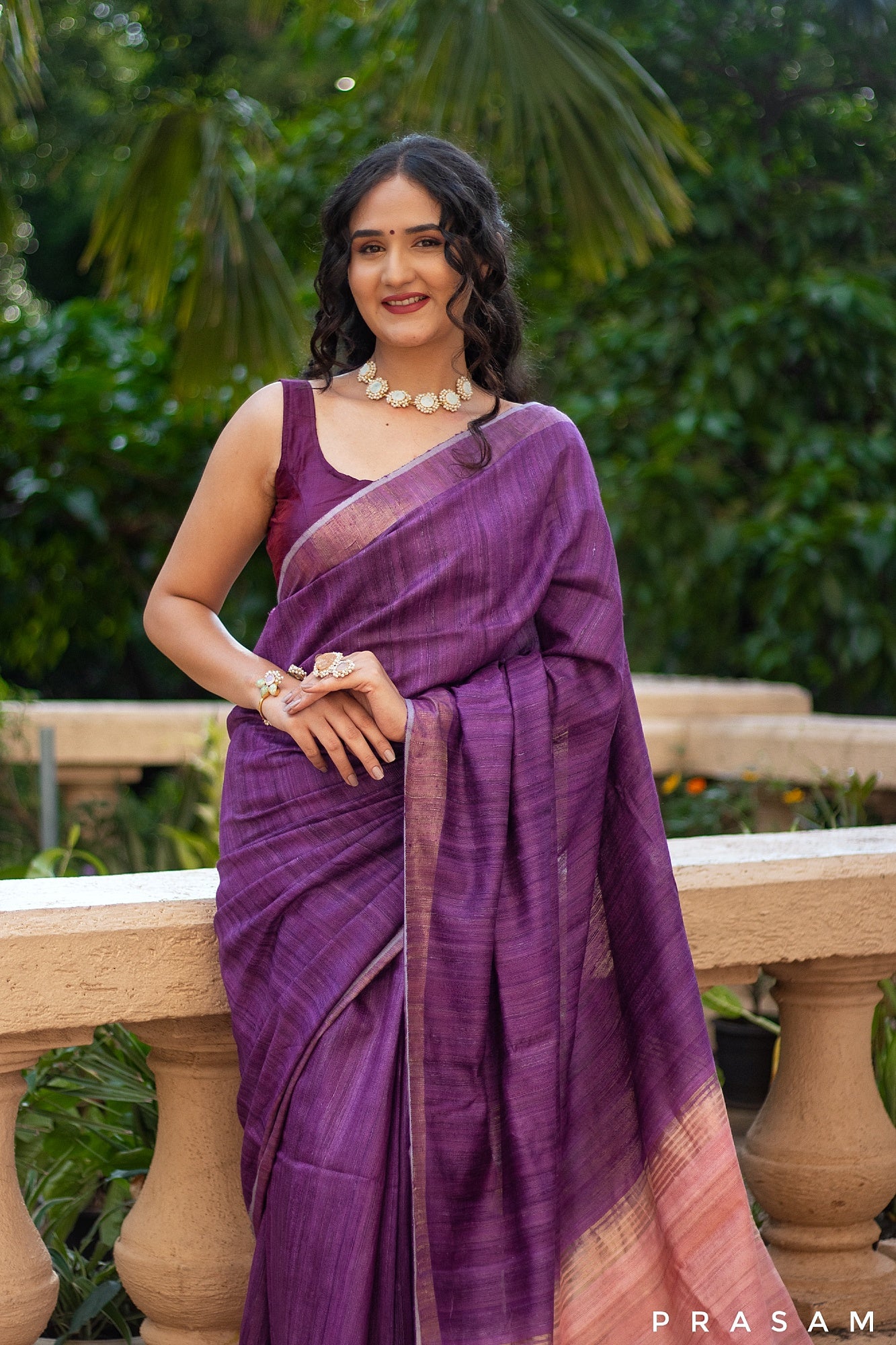 Purple Iris Handwoven Pure Tassar Gichha Silk Saree Prasam Crafts