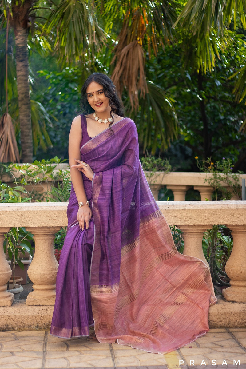 Purple Iris Handwoven Pure Tassar Gichha Silk Saree Prasam Crafts