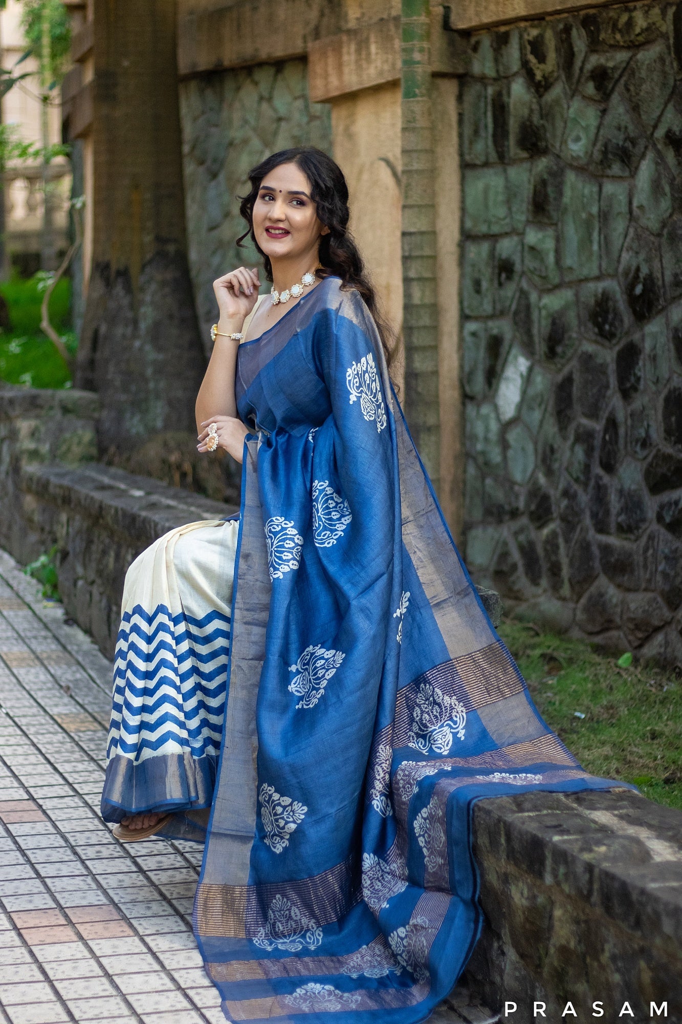 Purssian Stream Hand Batik Pure Tassar Silk Saree PRasam Crafts