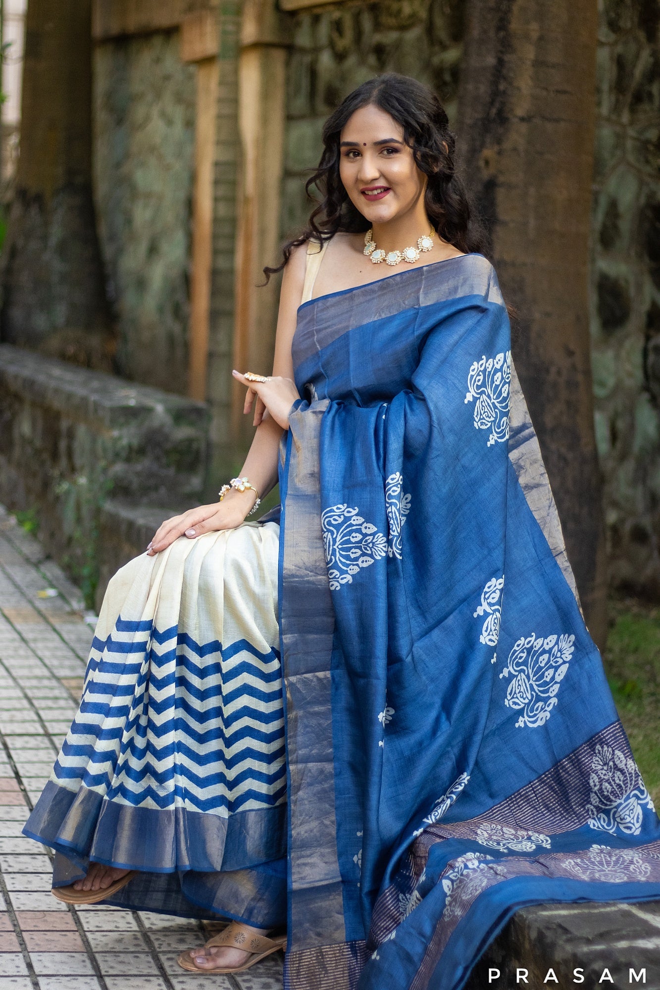 Purssian Stream Hand Batik Pure Tassar Silk Saree PRasam Crafts