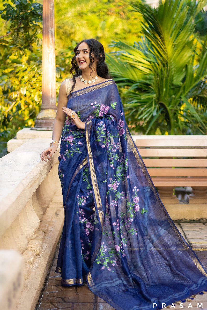 Blue Gardenia Silk-Linen Embroidery Saree Prasam Crafts