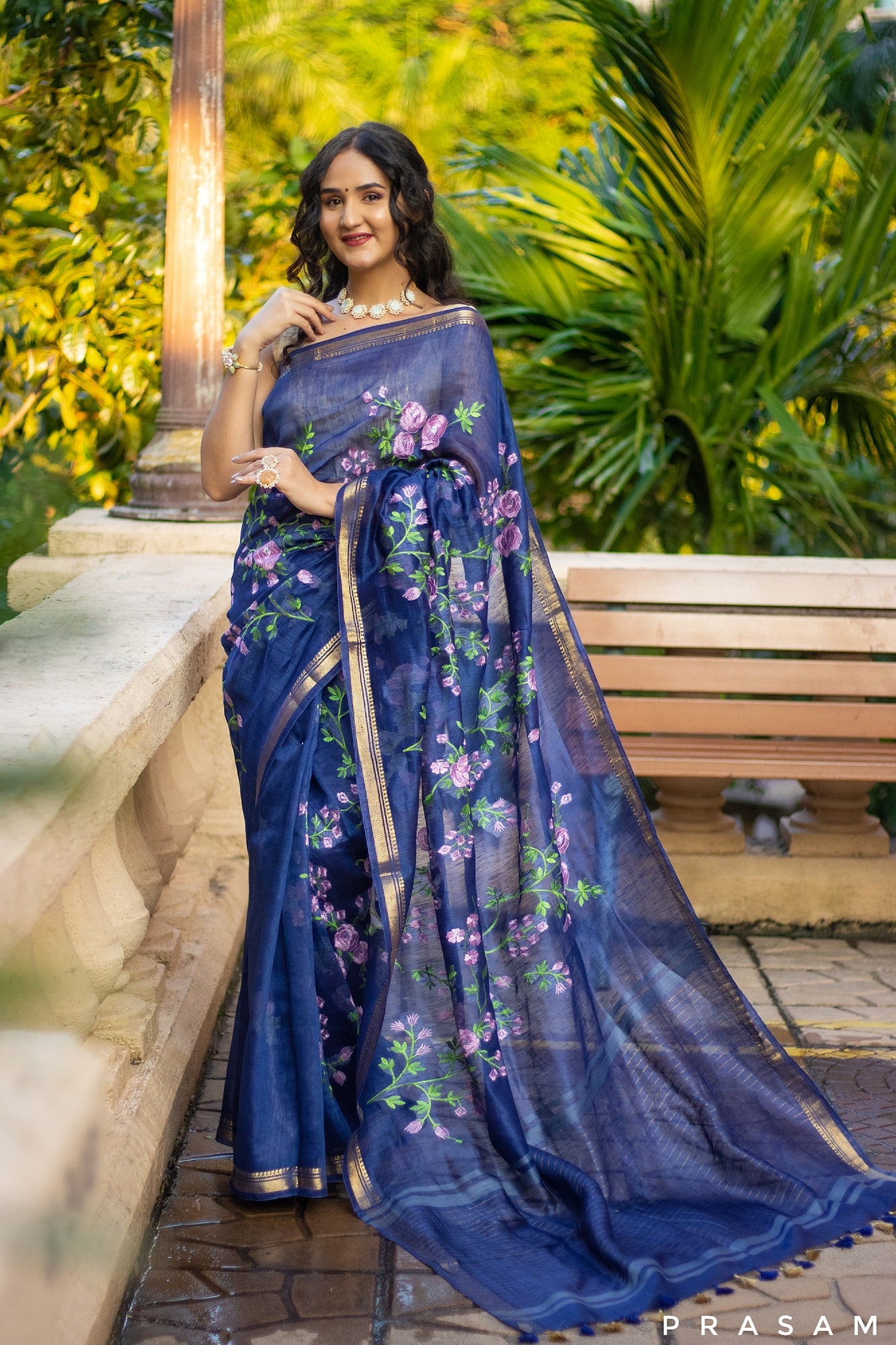 Blue Gardenia Silk-Linen Embroidery Saree Prasam Crafts