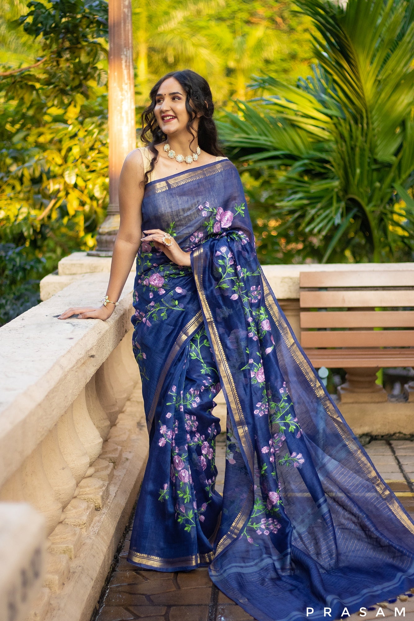 Blue Gardenia Silk-Linen Embroidery Saree Prasam Crafts