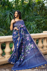 Blue Gardenia Silk-Linen Embroidery Saree Prasam Crafts