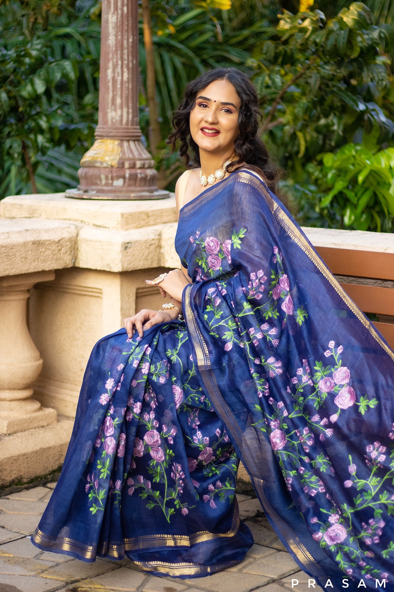 Blue Gardenia Silk-Linen Embroidery Saree Prasam Crafts