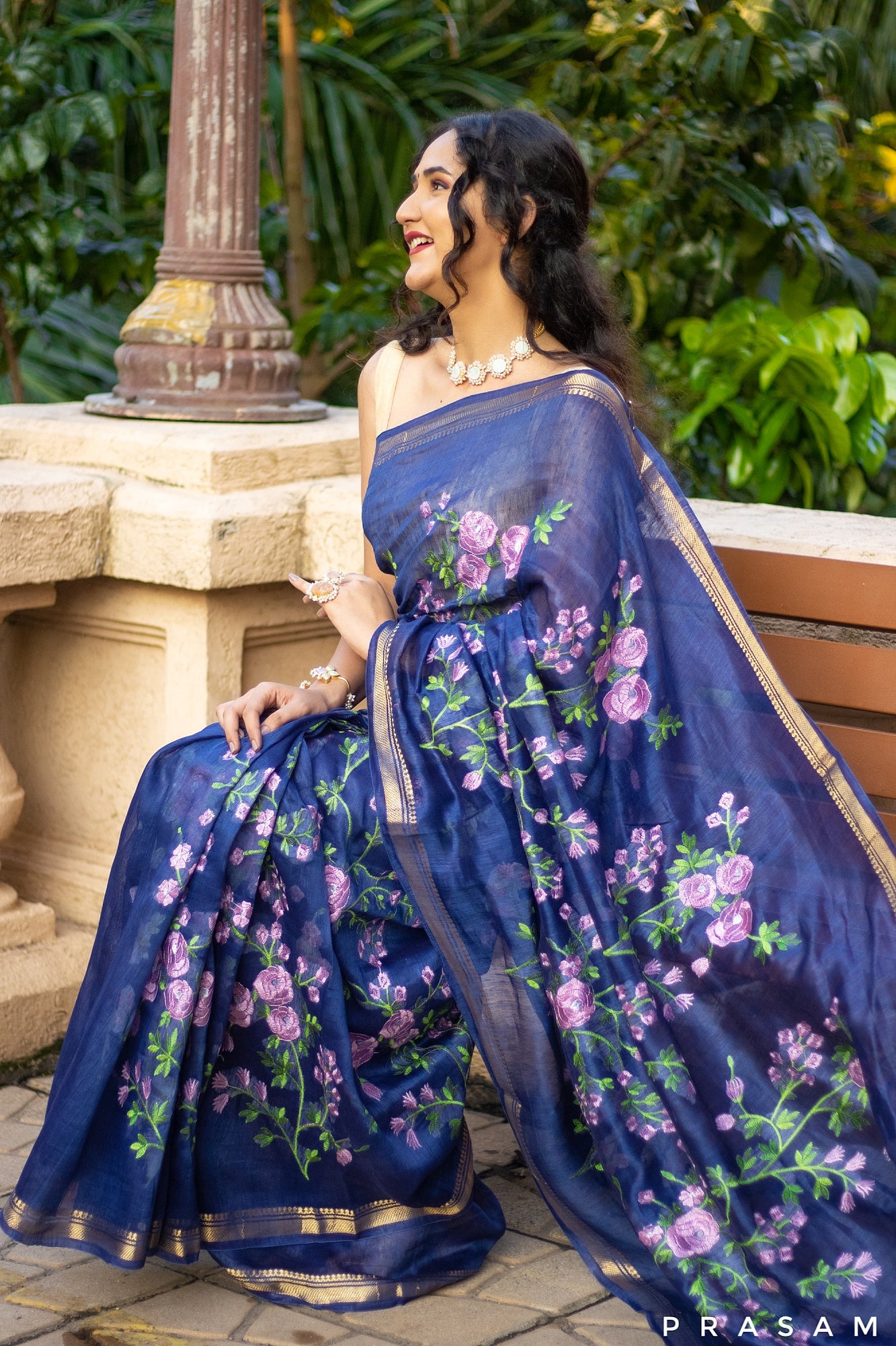 Blue Gardenia Silk-Linen Embroidery Saree Prasam Crafts