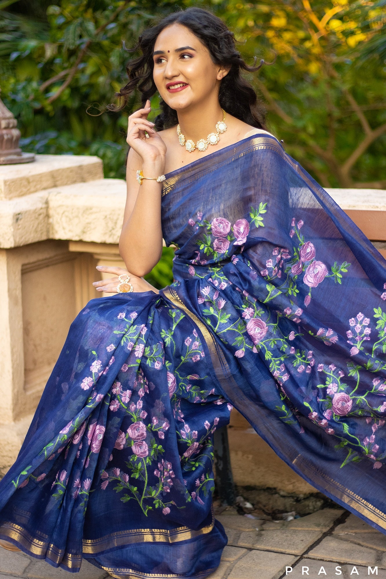 Blue Gardenia Silk-Linen Embroidery Saree Prasam Crafts