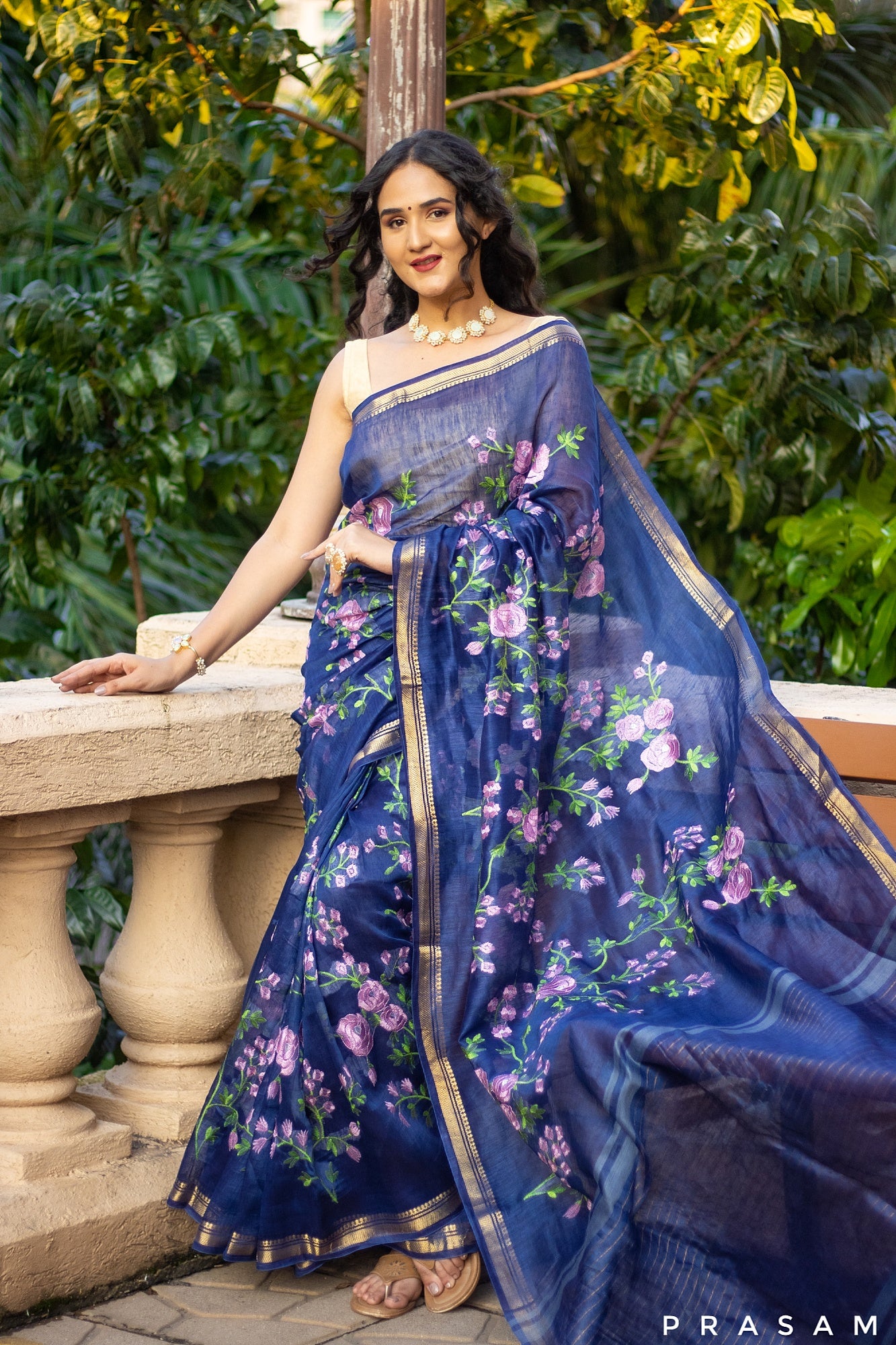 Blue Gardenia Silk-Linen Embroidery Saree Prasam Crafts