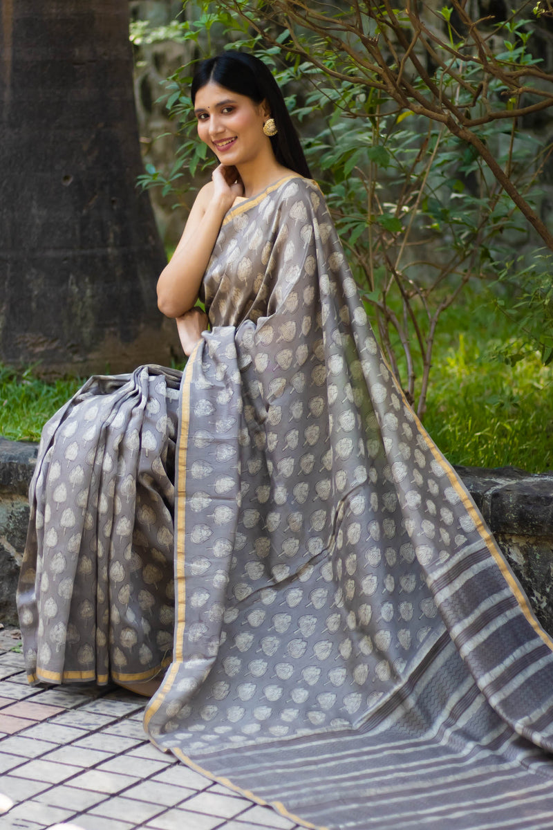 Buy Rust Color Dabu Print Box Pattern Chanderi Silk Saree Work Wear Online  at Best Price | Cbazaar
