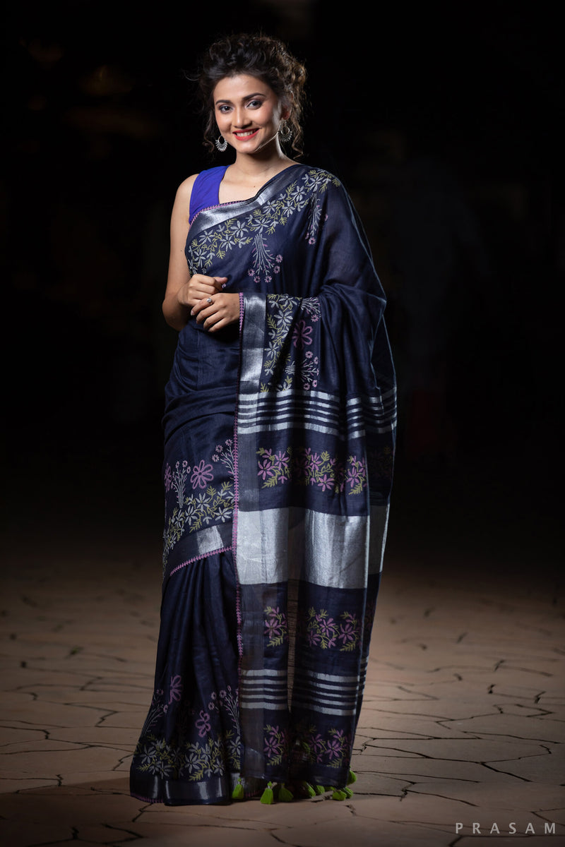 Midnight Memoir Cotton handblock print Saree Prasamcrafts Handcrafted Festive Workwear Dailywear