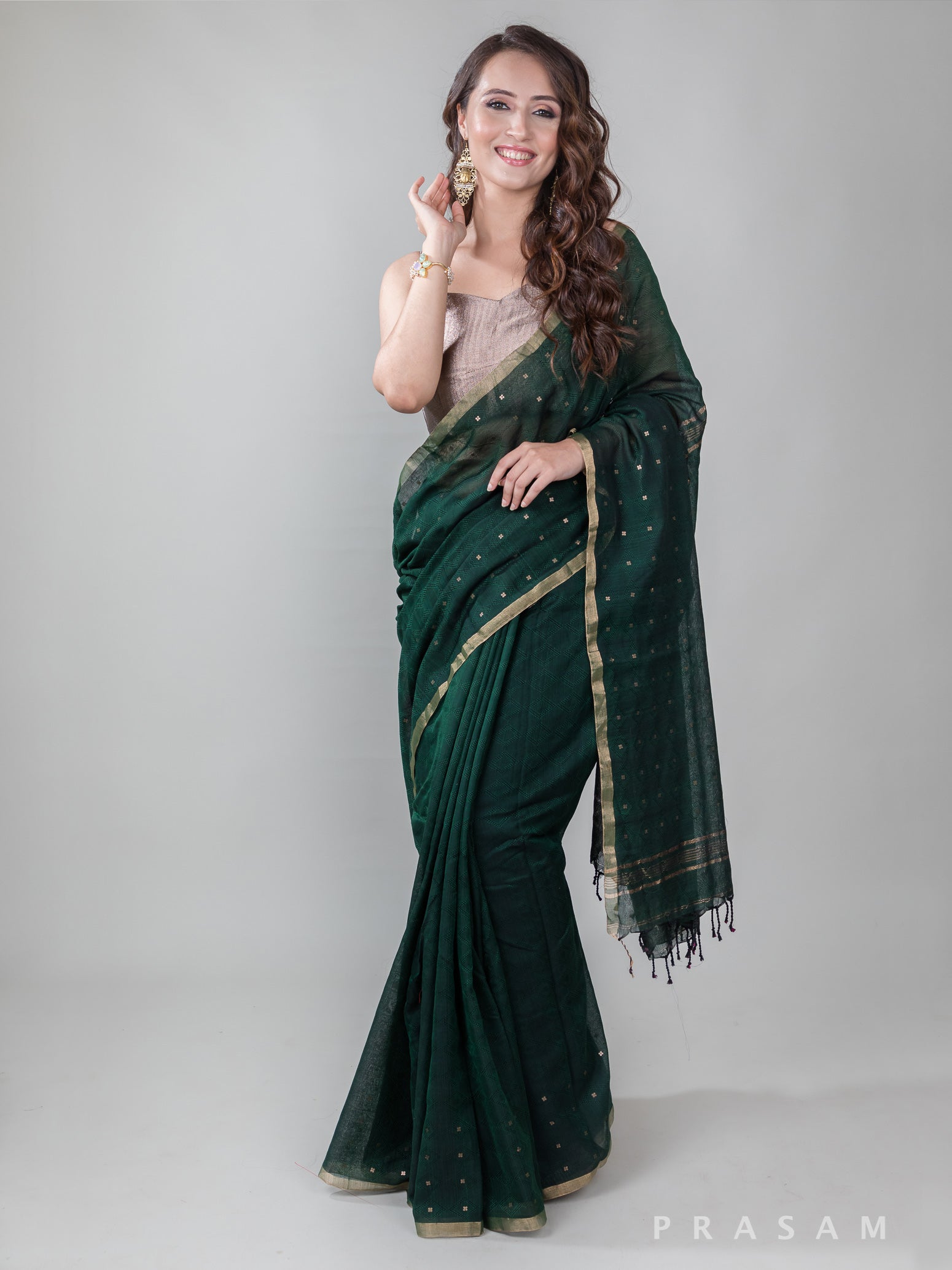 Forest Light-Mercerised Cotton Sequence Handwoven Saree Prasam Crafts