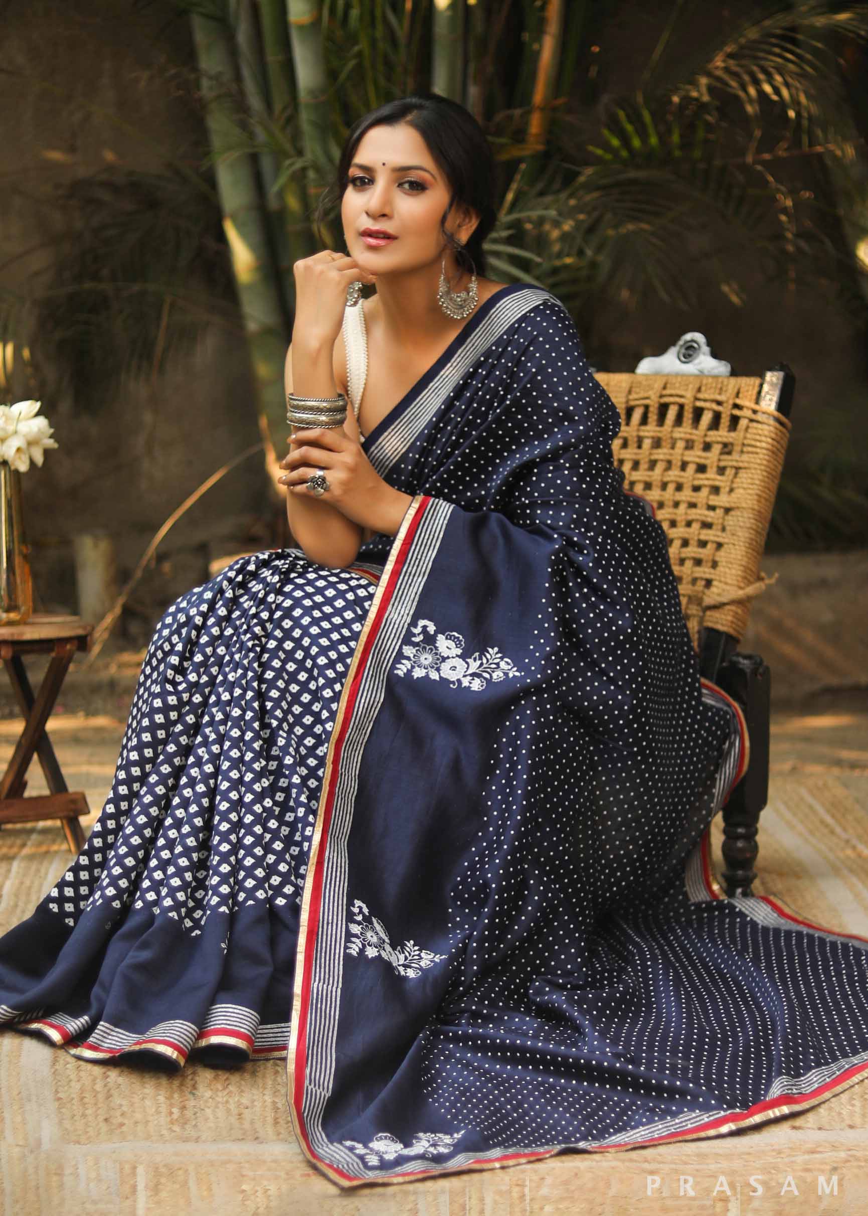 Blue Hibiscus Silk Modal Block Print Saree Prasam Crafts