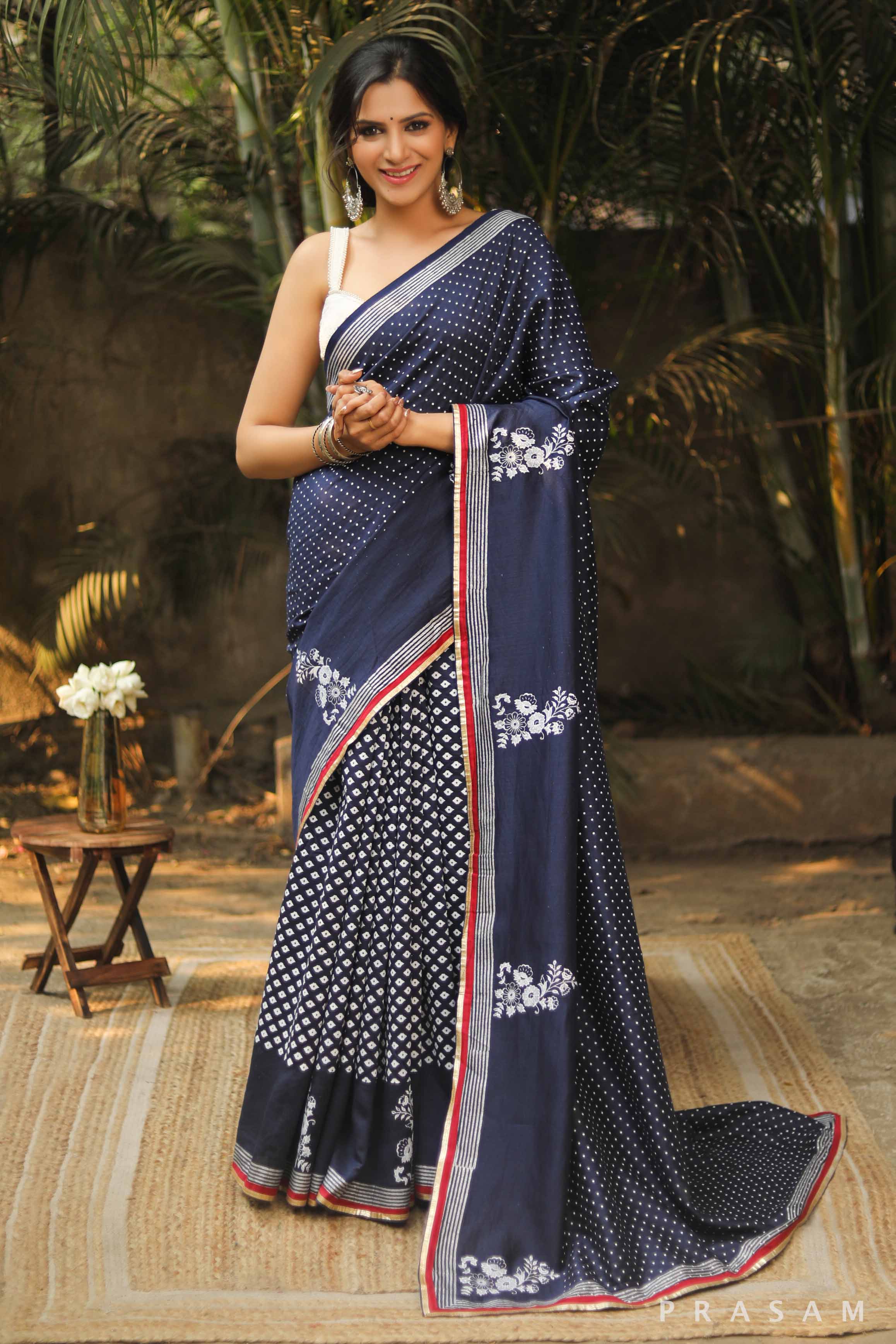 Blue Hibiscus Silk Modal Block Print Saree Prasam Crafts