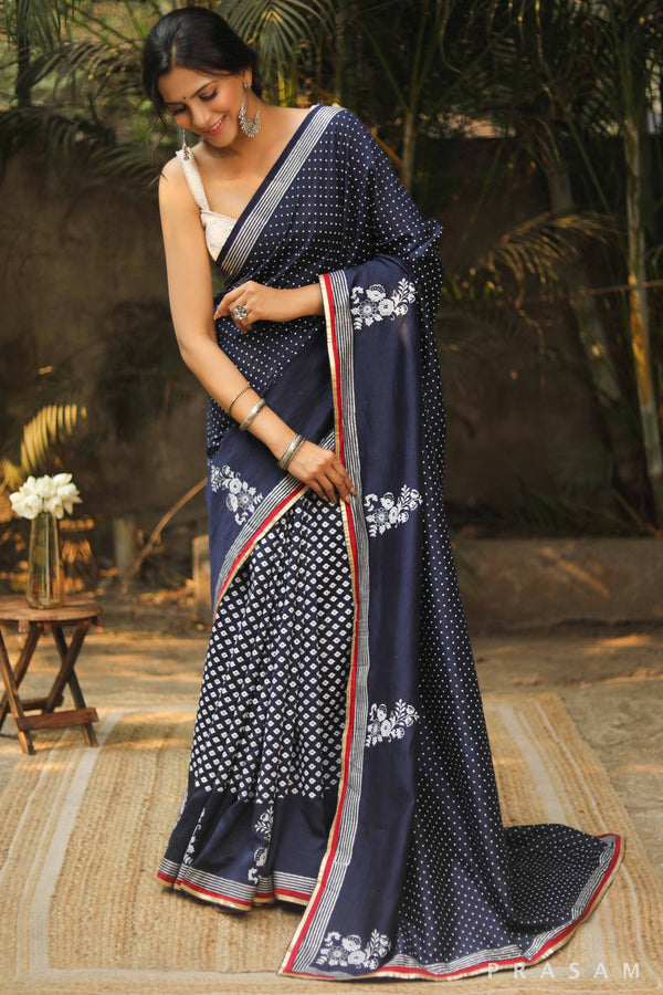 Blue Hibiscus Silk Modal Block Print Saree Prasam Crafts