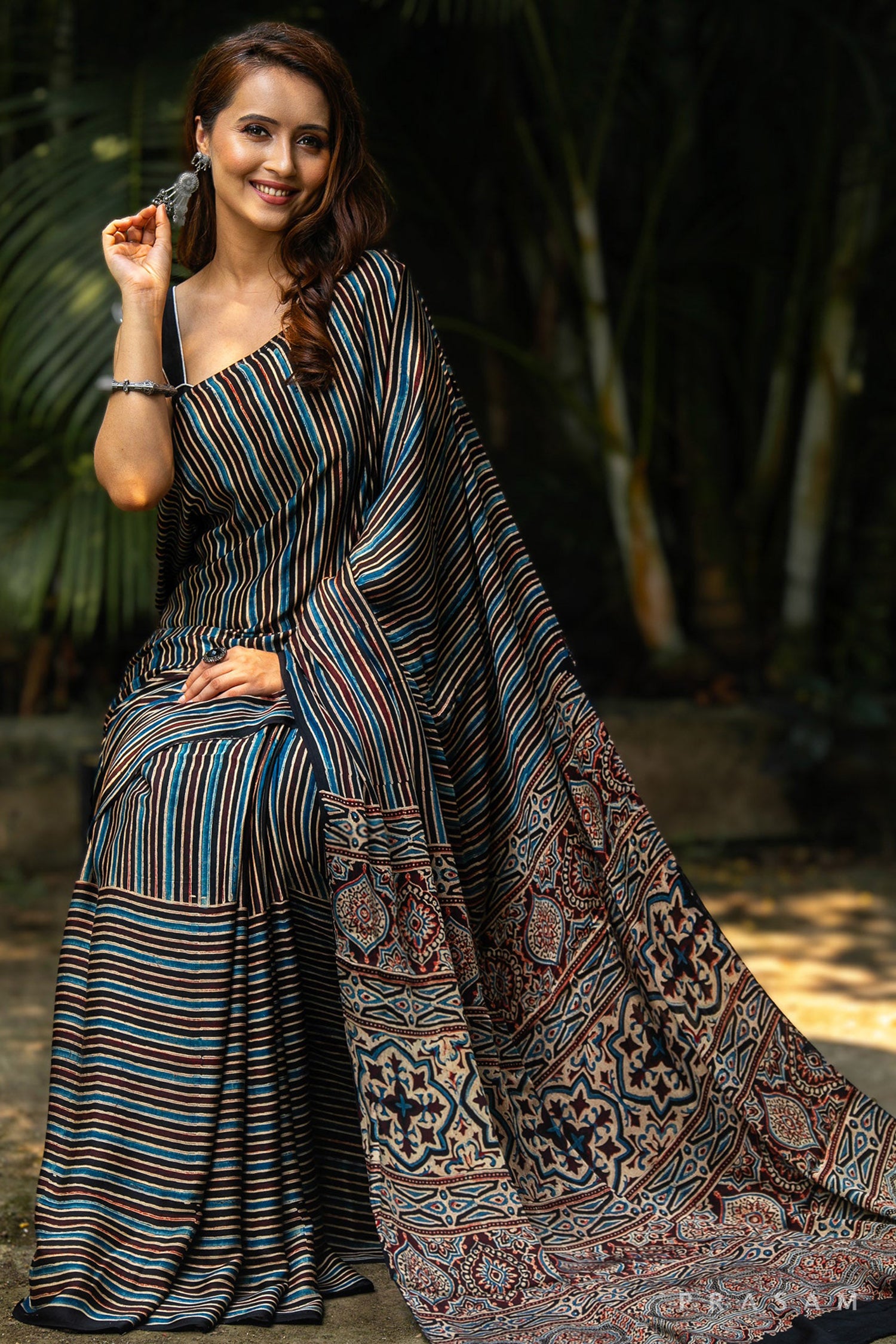 Lineal Rhythm-Ajrakh Modal Silk Saree PRasam Crafts