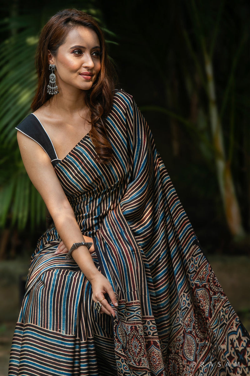 Lineal Rhythm-Ajrakh Modal Silk Saree PRasam Crafts