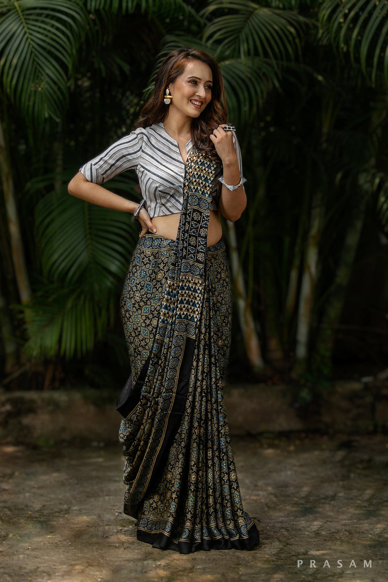Cold Tones-Ajrakh Modal Silk Saree Prasam Crafts