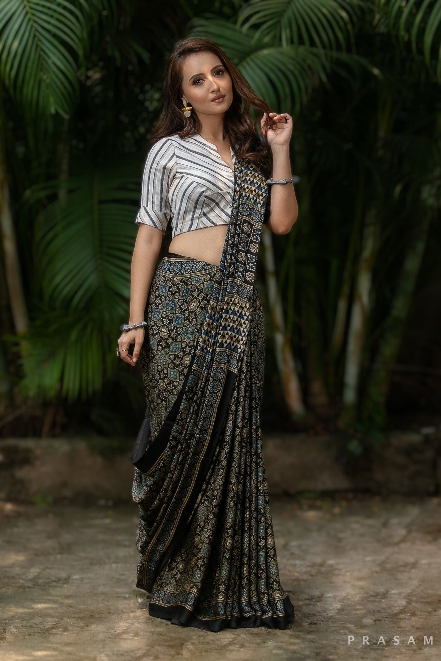 Cold Tones-Ajrakh Modal Silk Saree Prasam Crafts