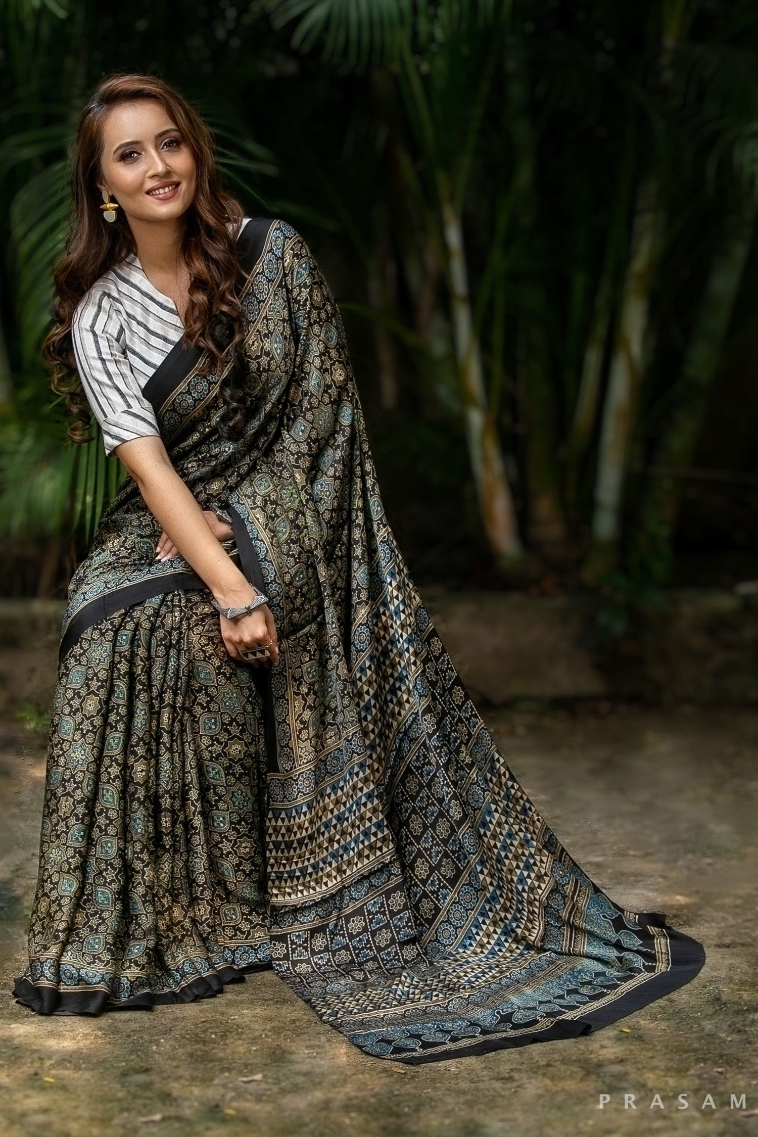 Cold Tones-Ajrakh Modal Silk Saree Prasam Crafts