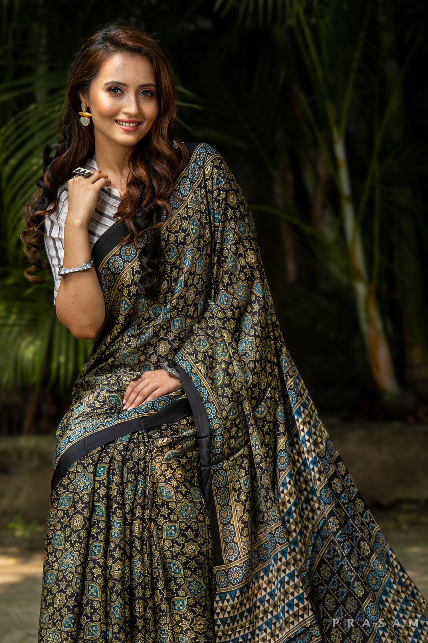 Cold Tones-Ajrakh Modal Silk Saree Prasam Crafts