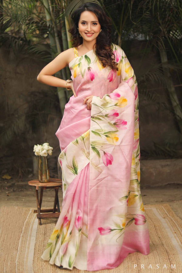 Pink Hand Painted Pure Silk Saree - Vibrant and Elegant Prasam Crafts