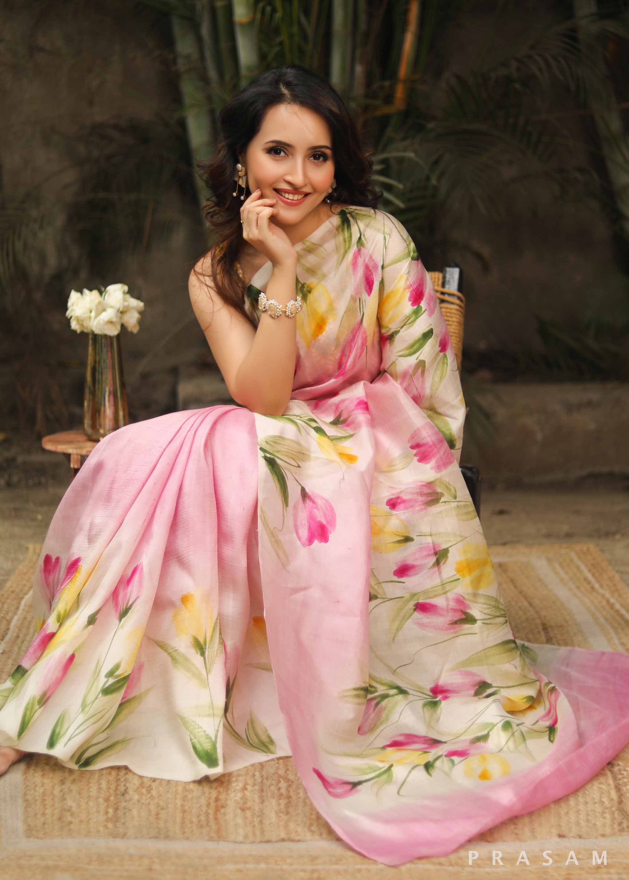 Pink Hand Painted Pure Silk Saree - Vibrant and Elegant Prasam Crafts