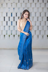 Cold Cobalt-Tassar Silk Handwoven Saree Prasam Crafts