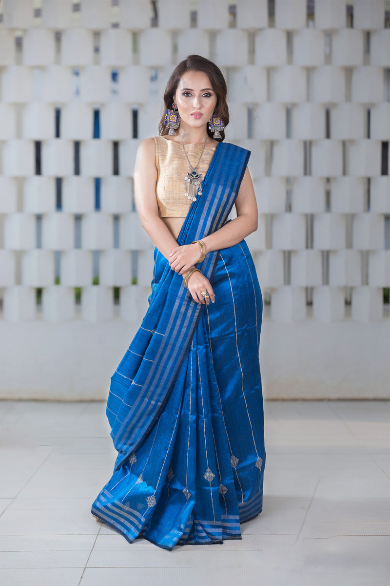 Cold Cobalt-Tassar Silk Handwoven Saree Prasam Crafts