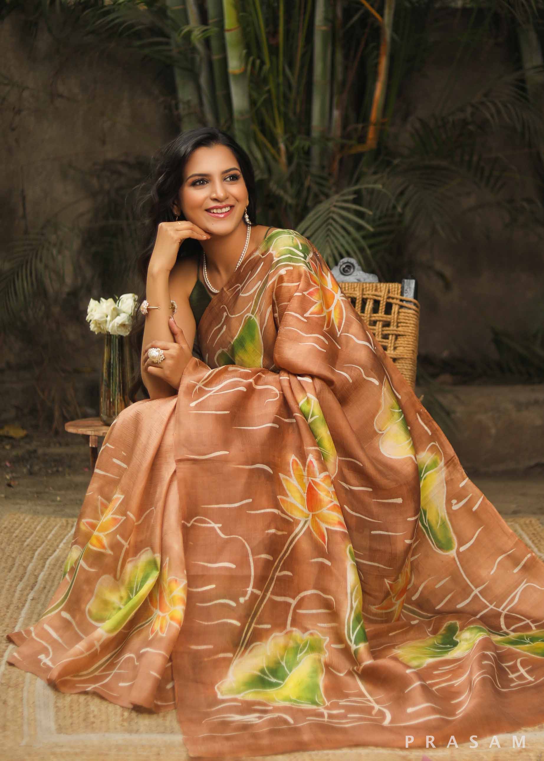 Caramel Florets Hand Painted Pure Silk Saree Prasam Crafts