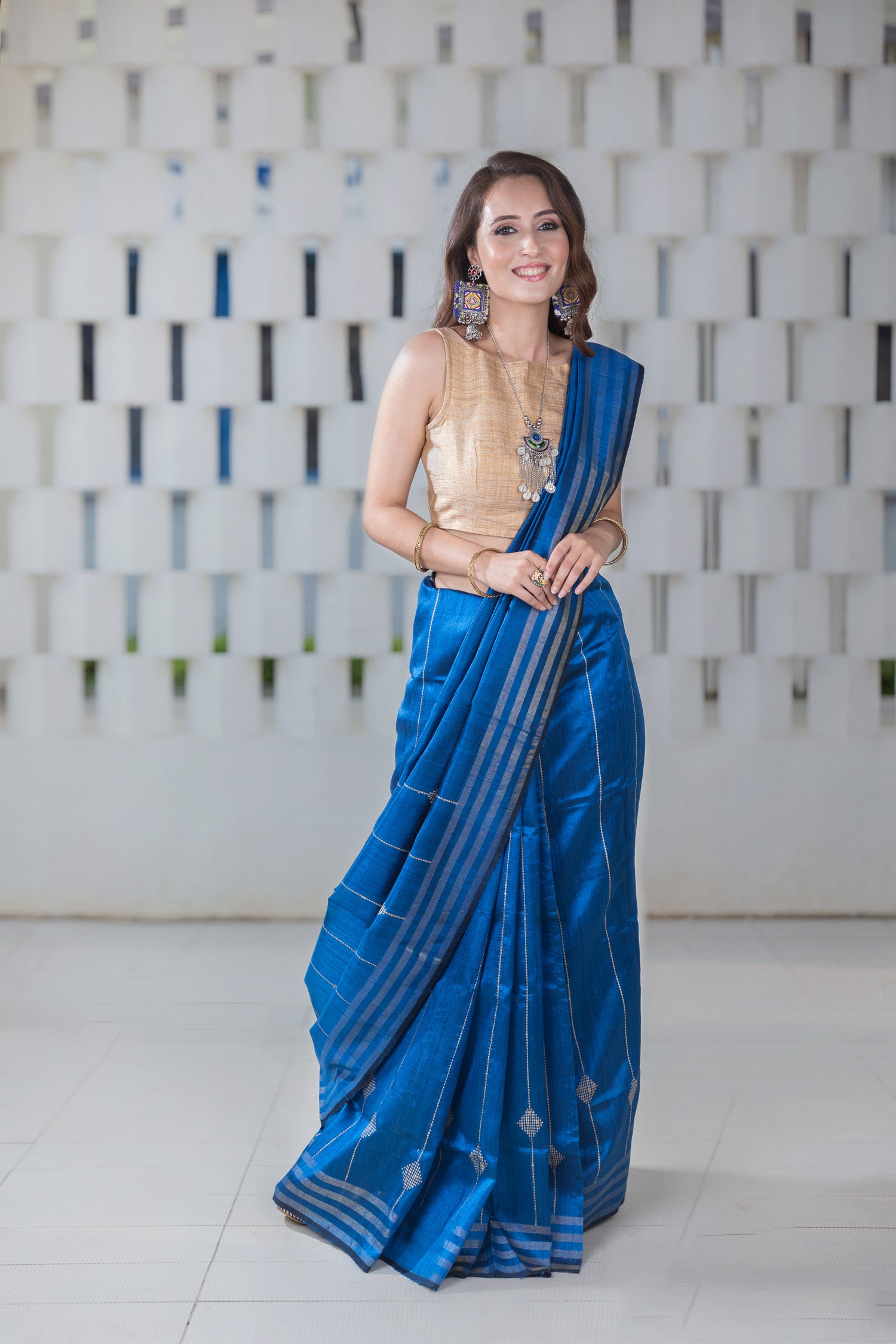 Cold Cobalt-Tassar Silk Handwoven Saree Prasam Crafts