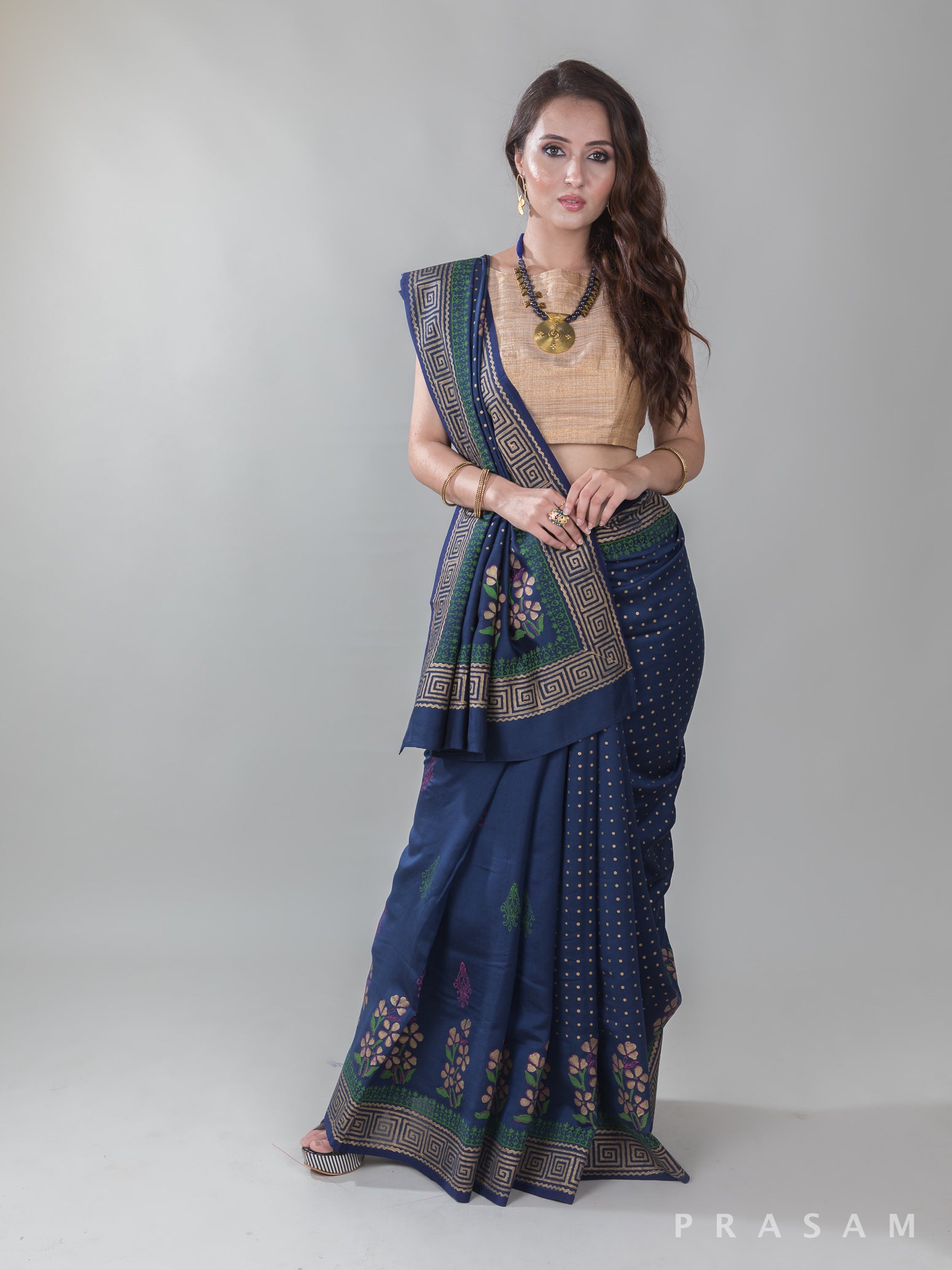 Pressed Florals-HandBlock Print Silk Modal Saree Prasam Crafts