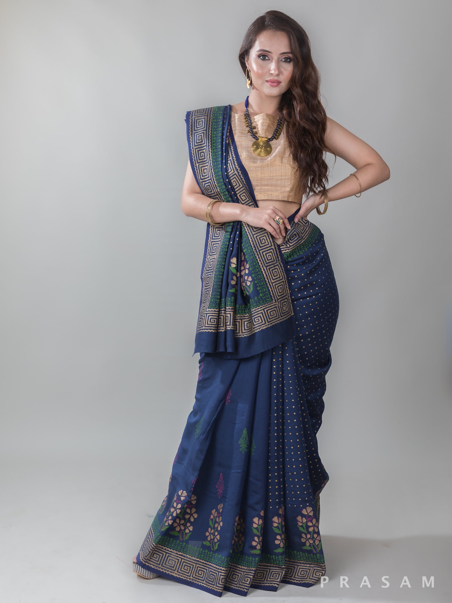 Pressed Florals-HandBlock Print Silk Modal Saree Prasam Crafts