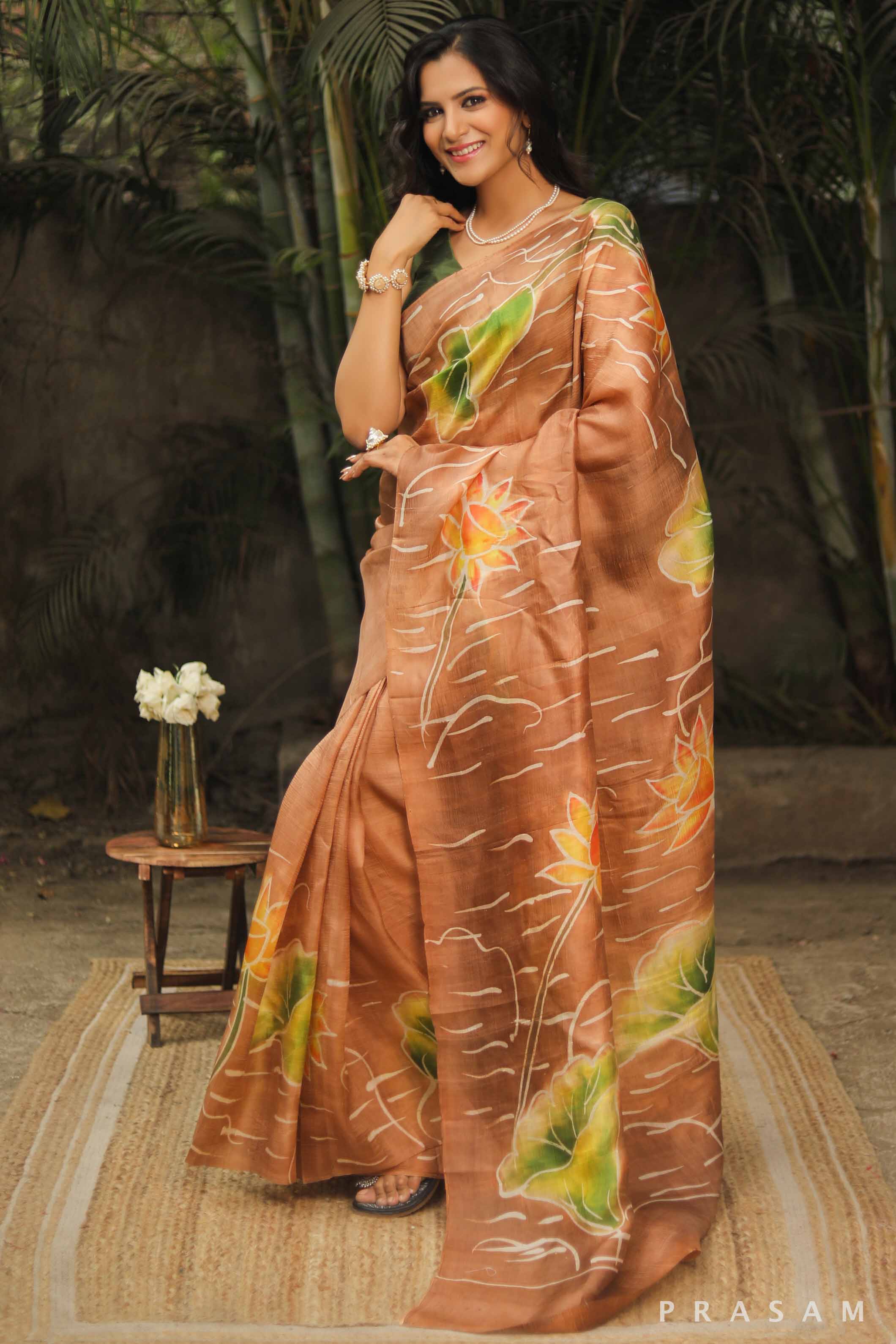 Caramel Florets Hand Painted Pure Silk Saree Prasam Crafts