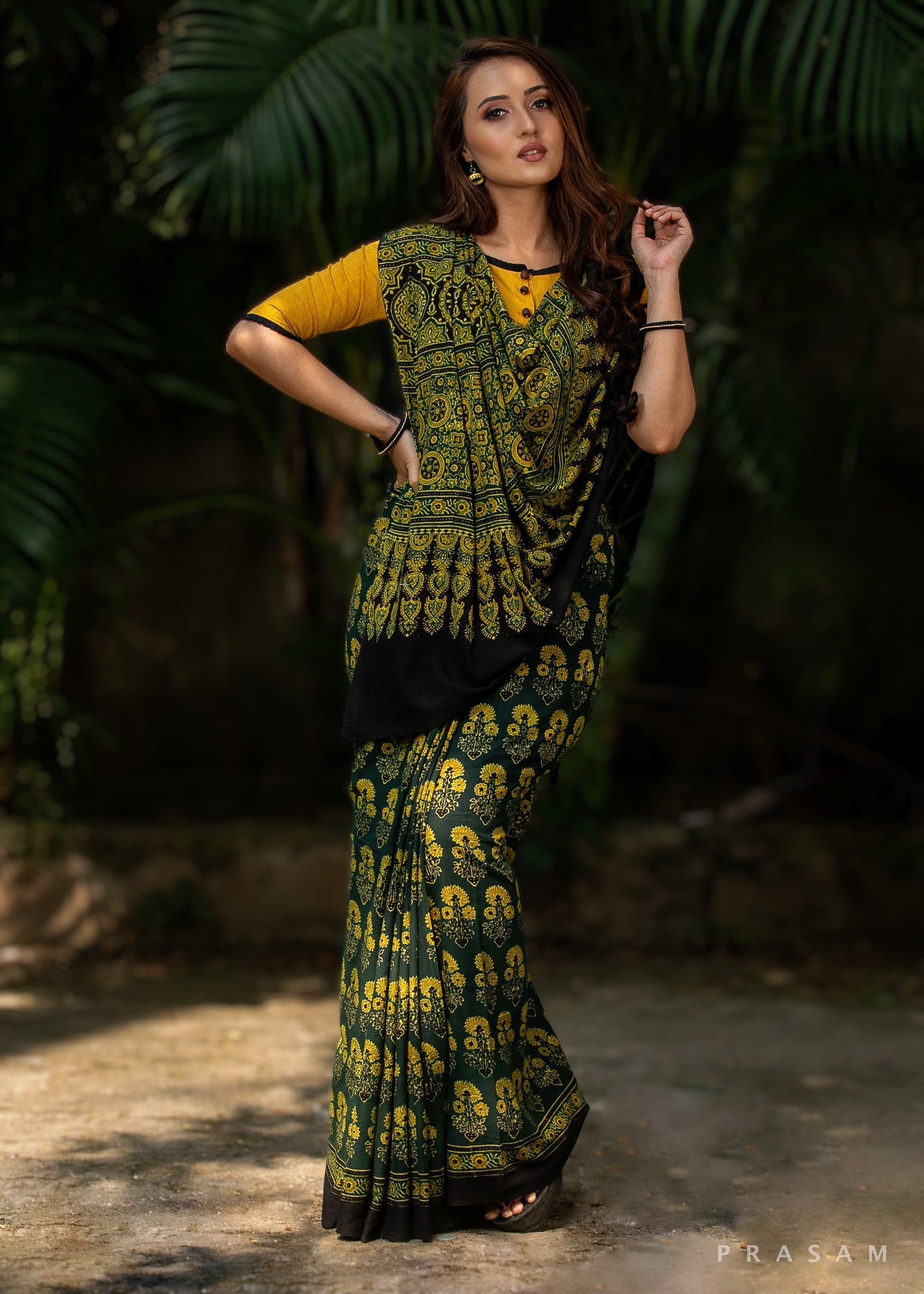 Moss Green -Ajrakh Handmade Cotton Saree Prasam Crafts