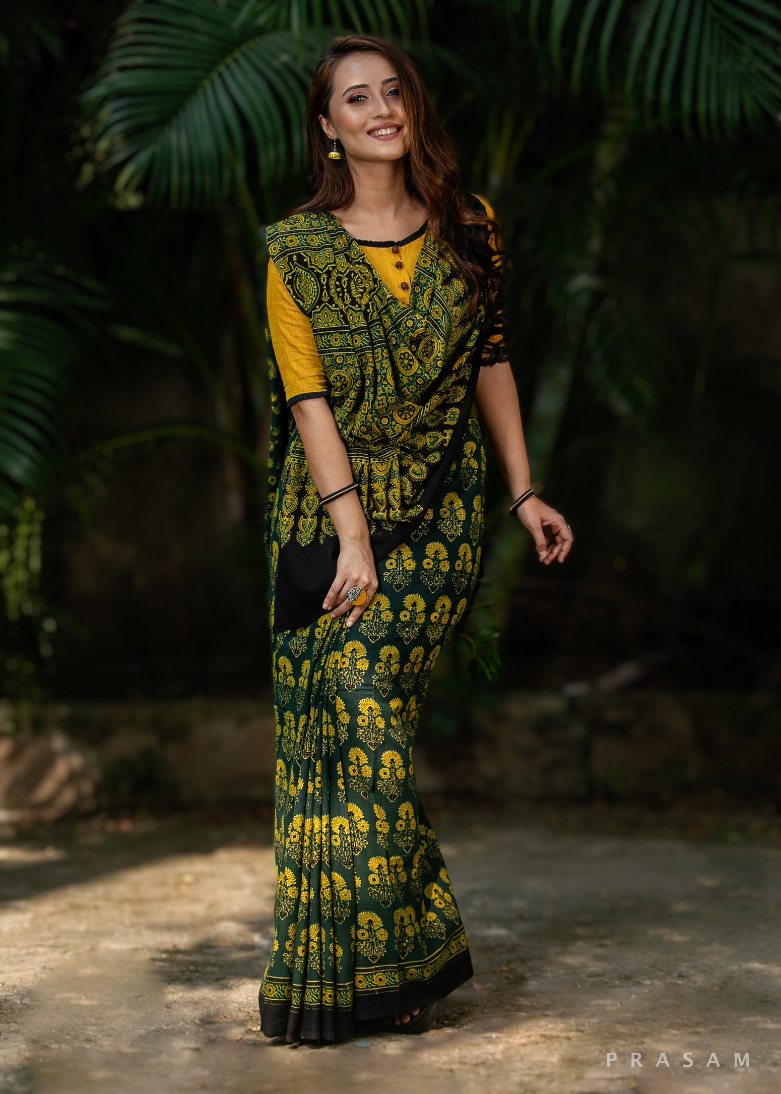 Moss Green -Ajrakh Handmade Cotton Saree Prasam Crafts