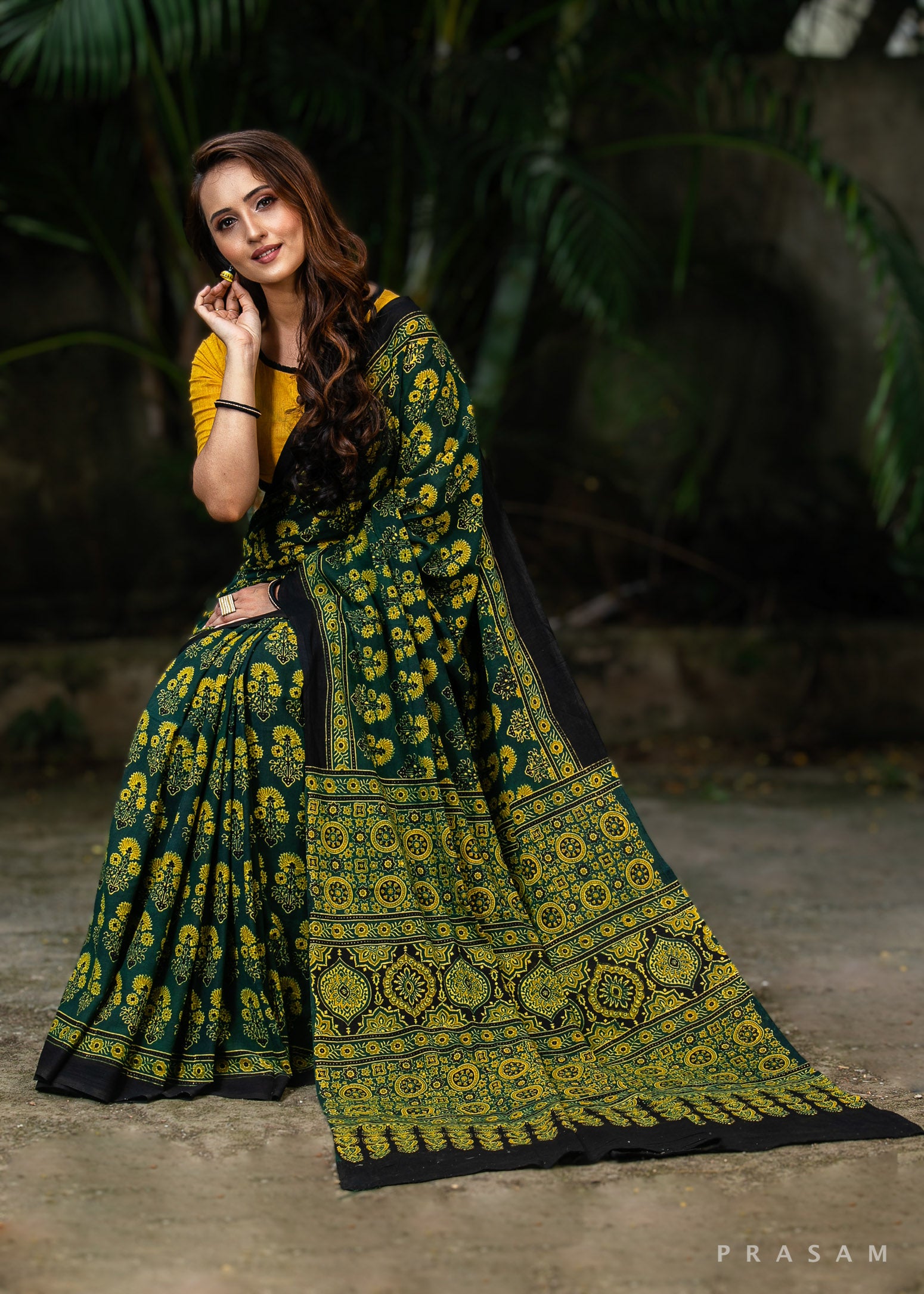 Moss Green -Ajrakh Handmade Cotton Saree Prasam Crafts