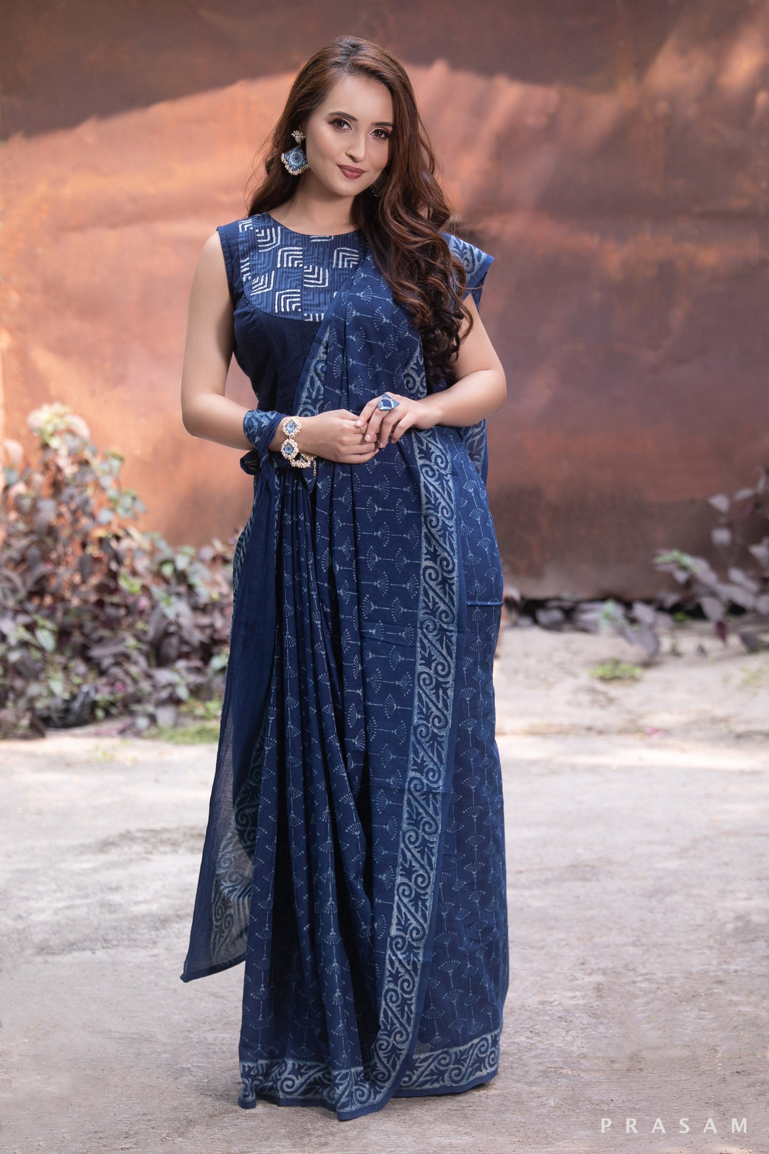 Indigo Poetry-Indigo Natural Dye Block Print Cotton Saree 