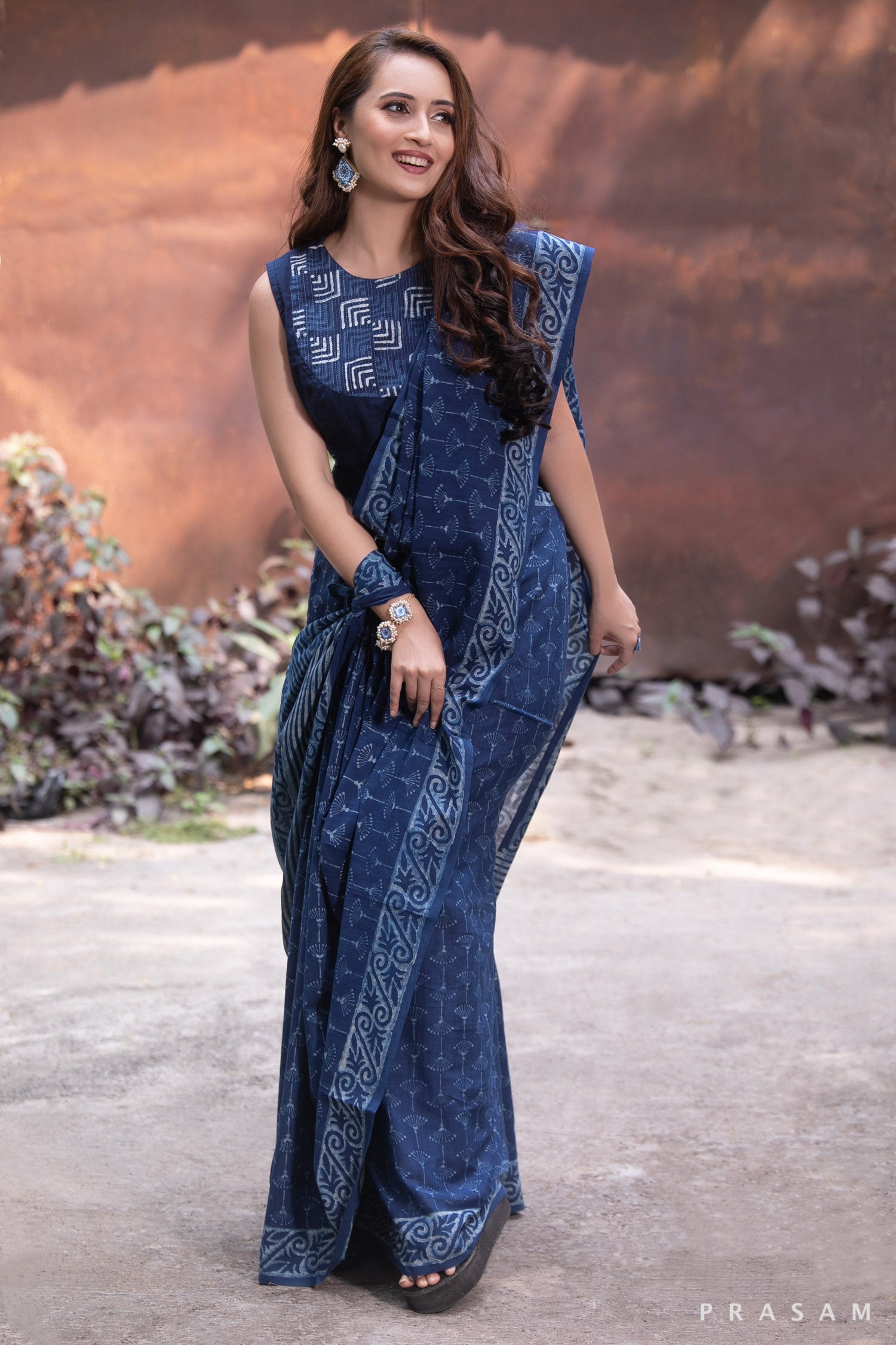 Indigo Poetry-Indigo Natural Dye Block Print Cotton Saree 