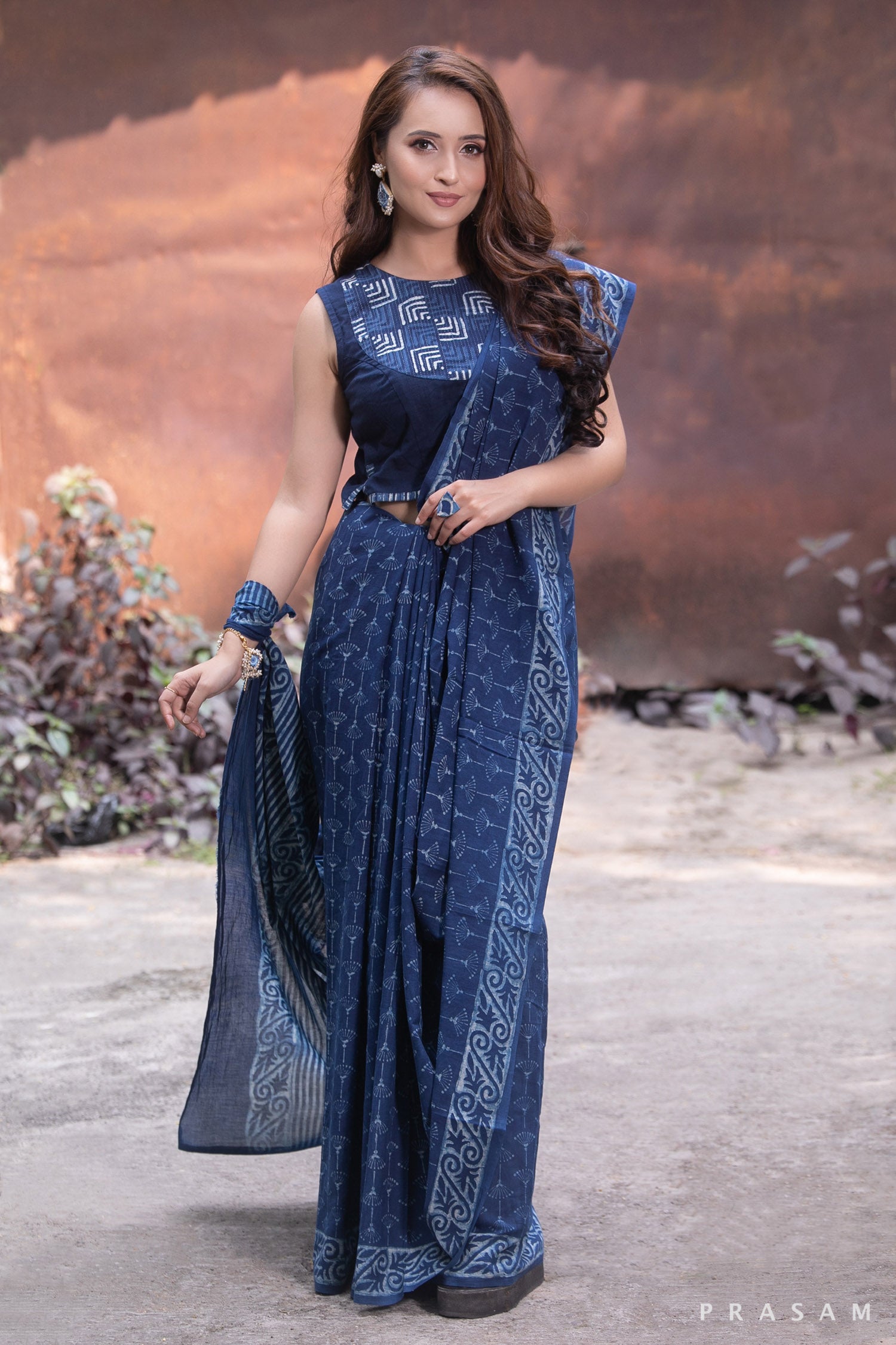 Indigo Poetry-Indigo Natural Dye Block Print Cotton Saree 