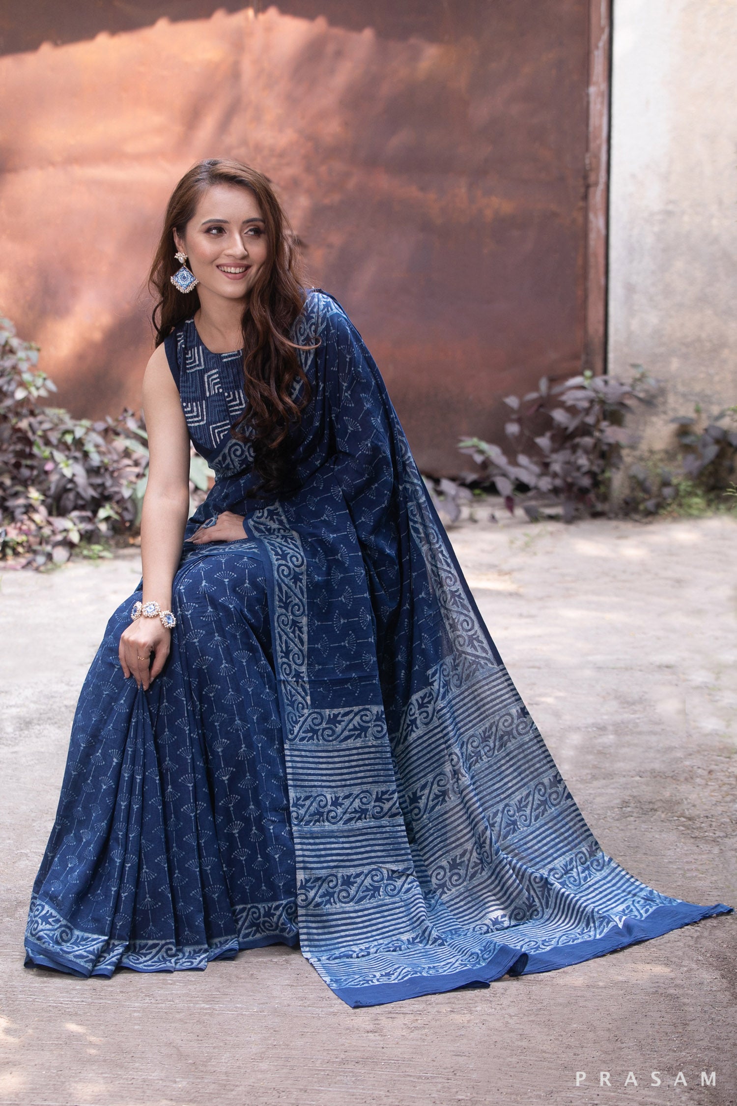 Indigo Poetry-Indigo Natural Dye Block Print Cotton Saree 