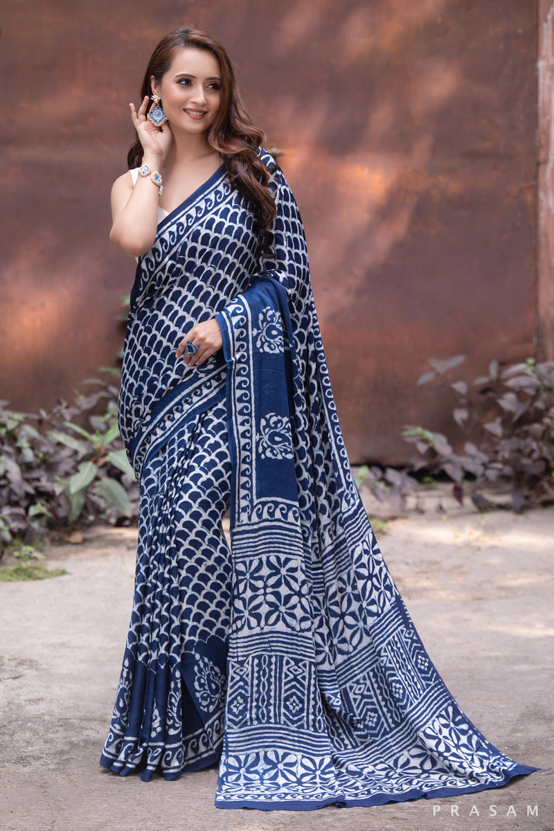 Trained BluePrint Ajrakh Modal Silk Saree - Artistic Craftsmanship Prasam Crafts