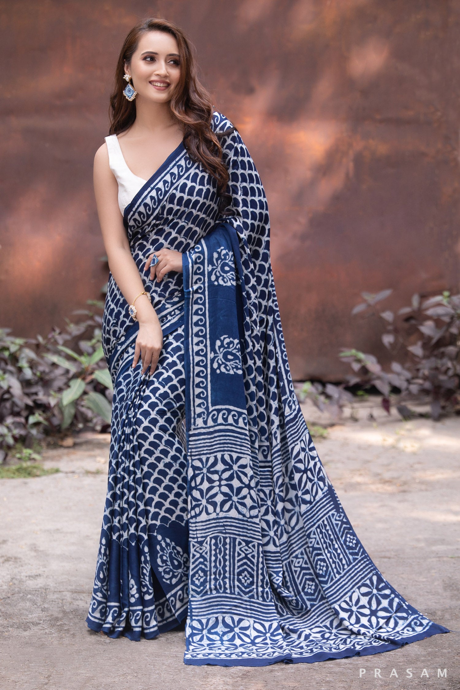 Trained BluePrint Ajrakh Modal Silk Saree - Artistic Craftsmanship Prasam Crafts